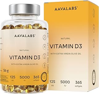 Visuel du produit : Vitamine D3 Naturelle Haute Concentration 5000 UI - Vitamine D avec Huile d’Olive Extra Vierge pour Absorption Optimale - Vitamines pour les Fonctions Osseuse, Musculaire, Immunitaire - 365 Gélules