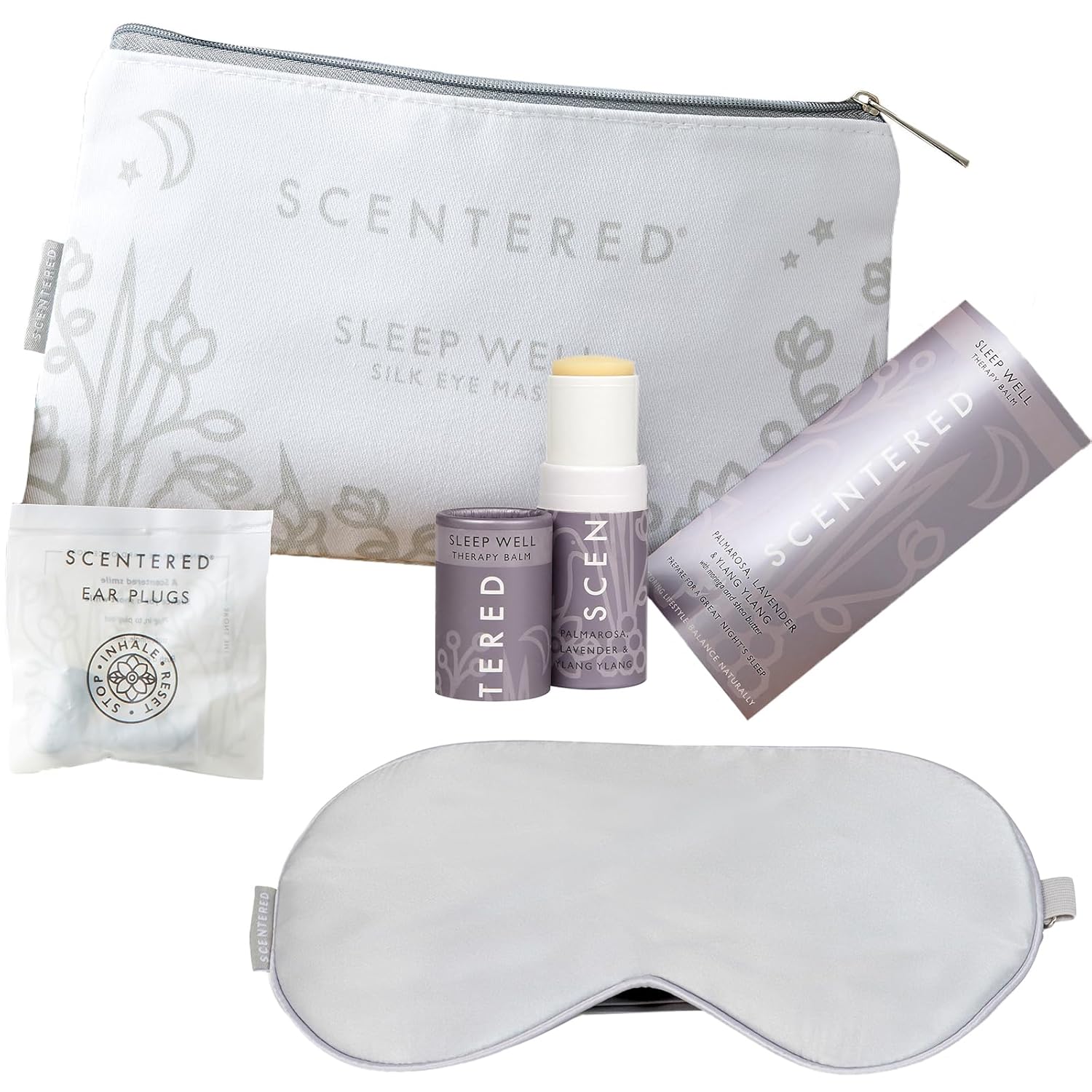 Scentered Travel Essentials Sleep Gift Set – Aromatherapy Sleep Well Balm, Luxury Silk Eye Mask & Ear Plugs for Sleeping – Lavender, Chamomile, Ylang Ylang Essential Oil – Aromatherapy Gifts for Women
