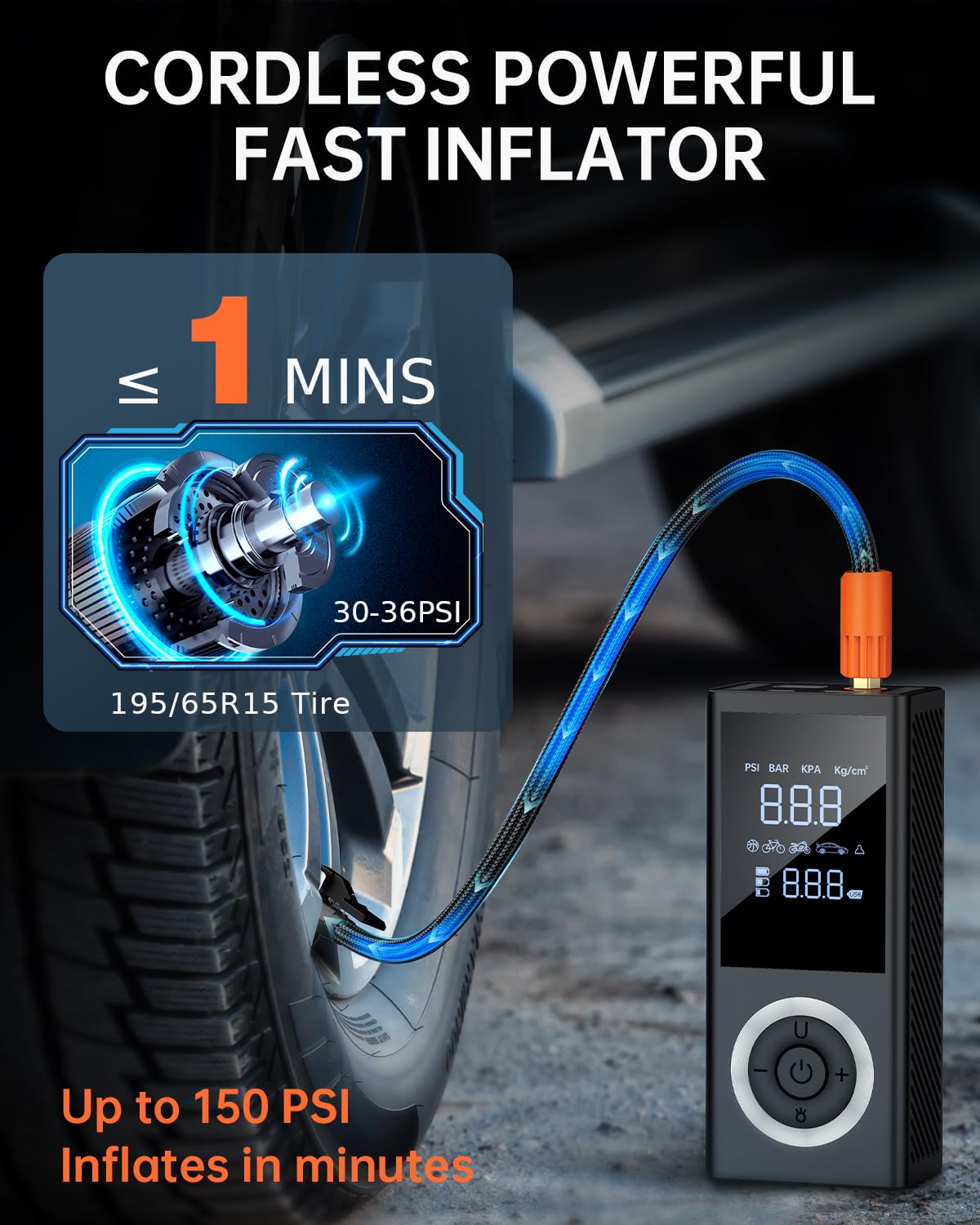Reifenfüller, tragbarer Luftkompressor, kabellos, mit 10000 mAh Akku, Dual-Power, 3 Lichtmodi, schnelles Typ-C-Aufladen, intelligente Luftpumpe für Auto