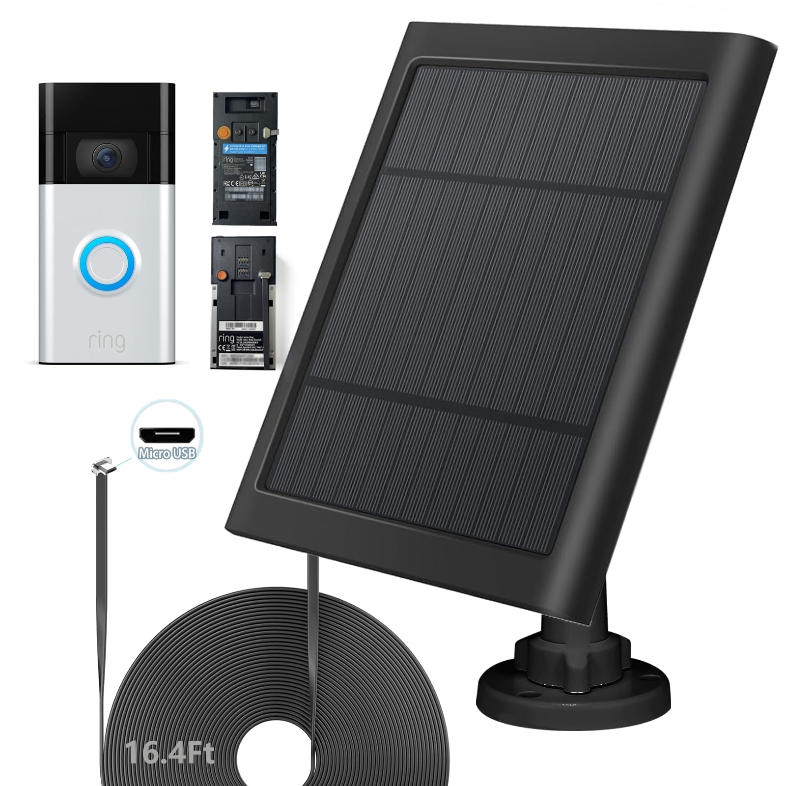 Solar Panel for Ring Doorbell 5W 5V Solar Charger Pefect for Ring Video Doorbell (2nd Gen - 2020 Release), Micro USB Port IP65 16.4ft Waterproof Charging Cable, 360°Adjustable Mount-image-34