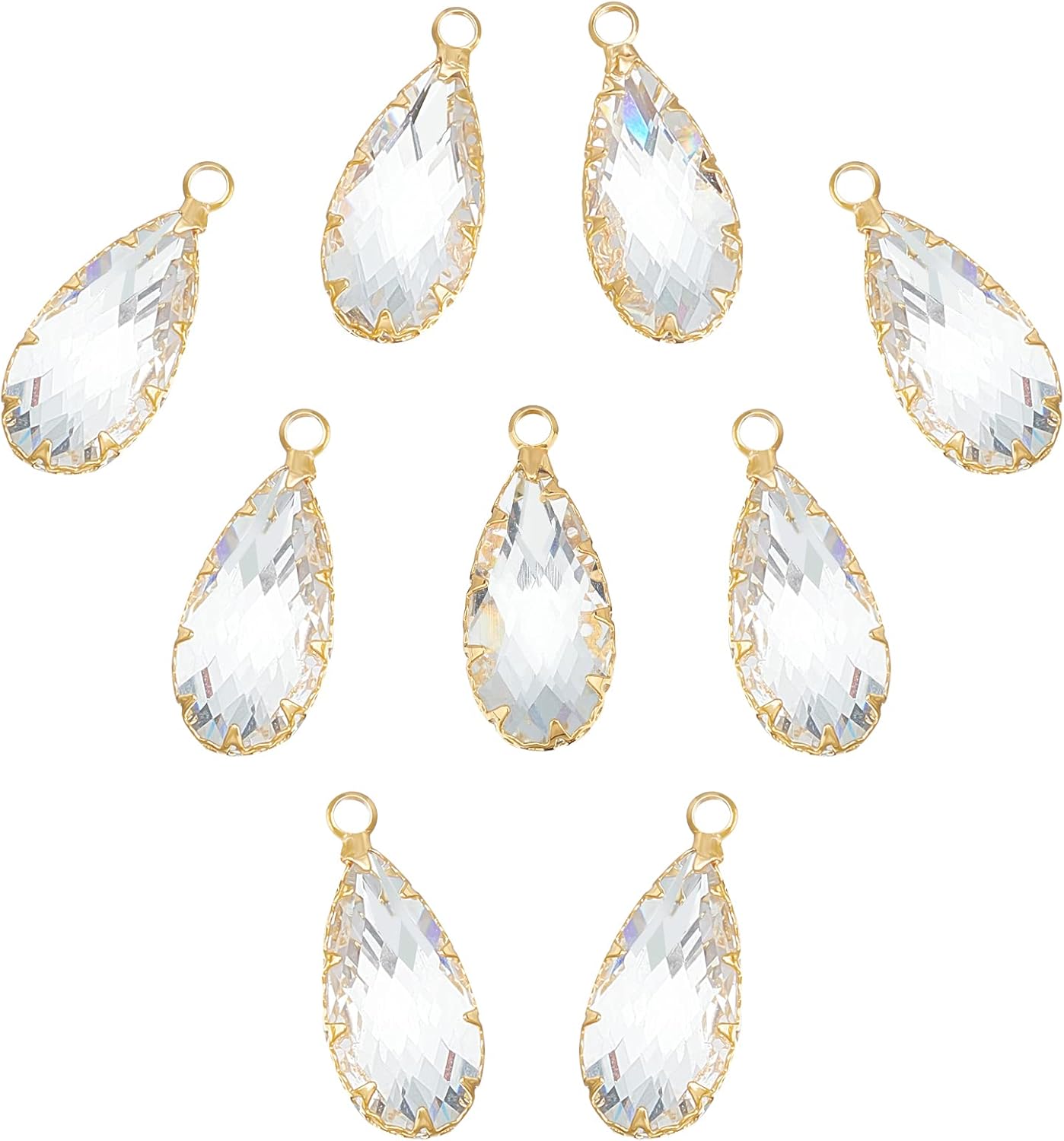 BENECREAT 10 dijes de cristal de latón chapado en oro real de 18 quilates, dijes con forma de lágrima facetada para aniversario, fabricación de
