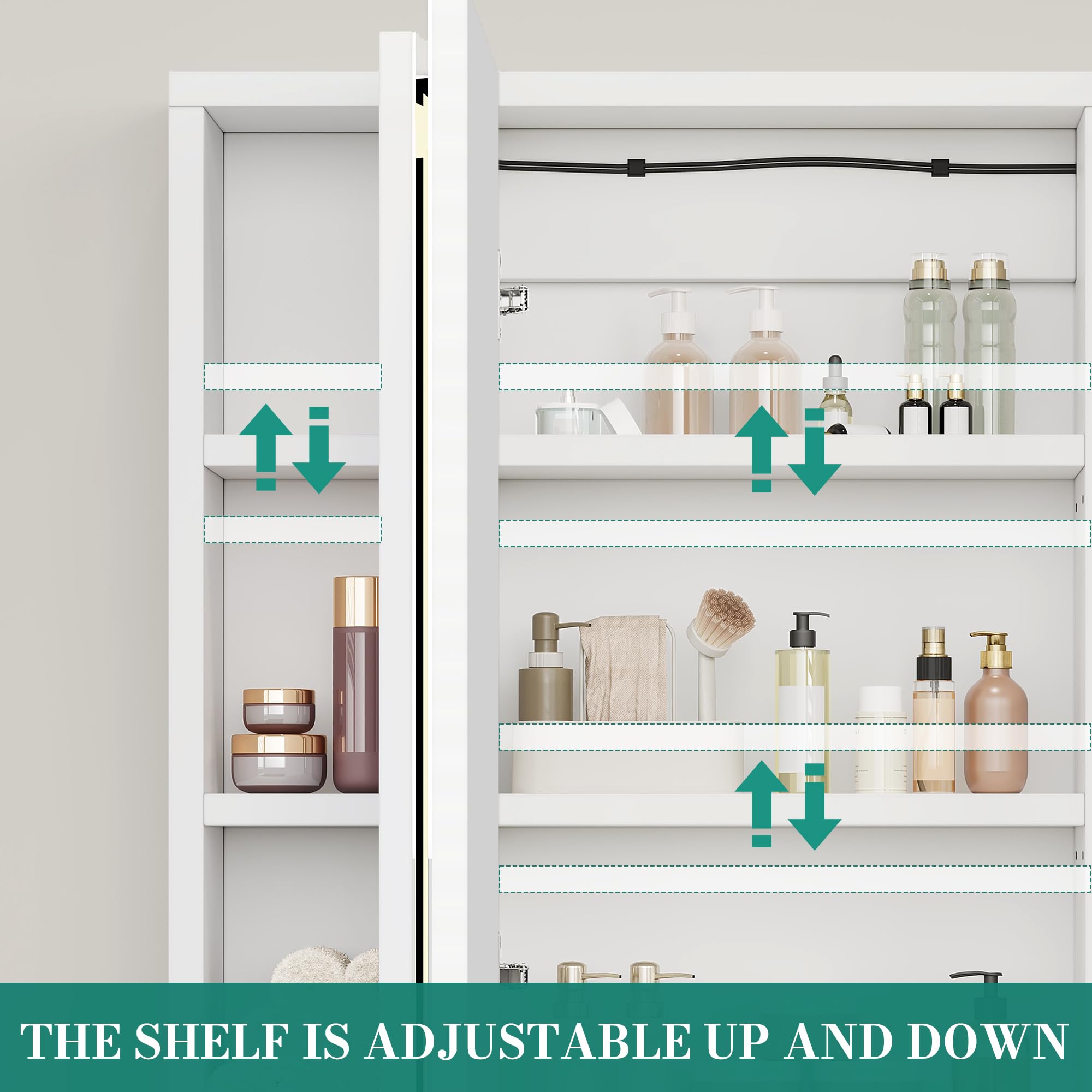 YITAHOME Spiegelschrank Bad mit Beleuchtung, 3 Türen LED Badezimmer Spiegelschrank, Steckdosen, Hängender Badezimmerschrank, Wandschrank, Badezimmerspiegel, 70W x 15D x 75H cm, Weiß