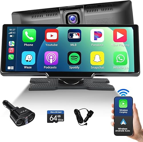 Apple Carplay portátil con cámara de salpicadero, pantalla automática inalámbrica Android de 10.26 pulgadas, Airplay, Android Cast, video WiFi,