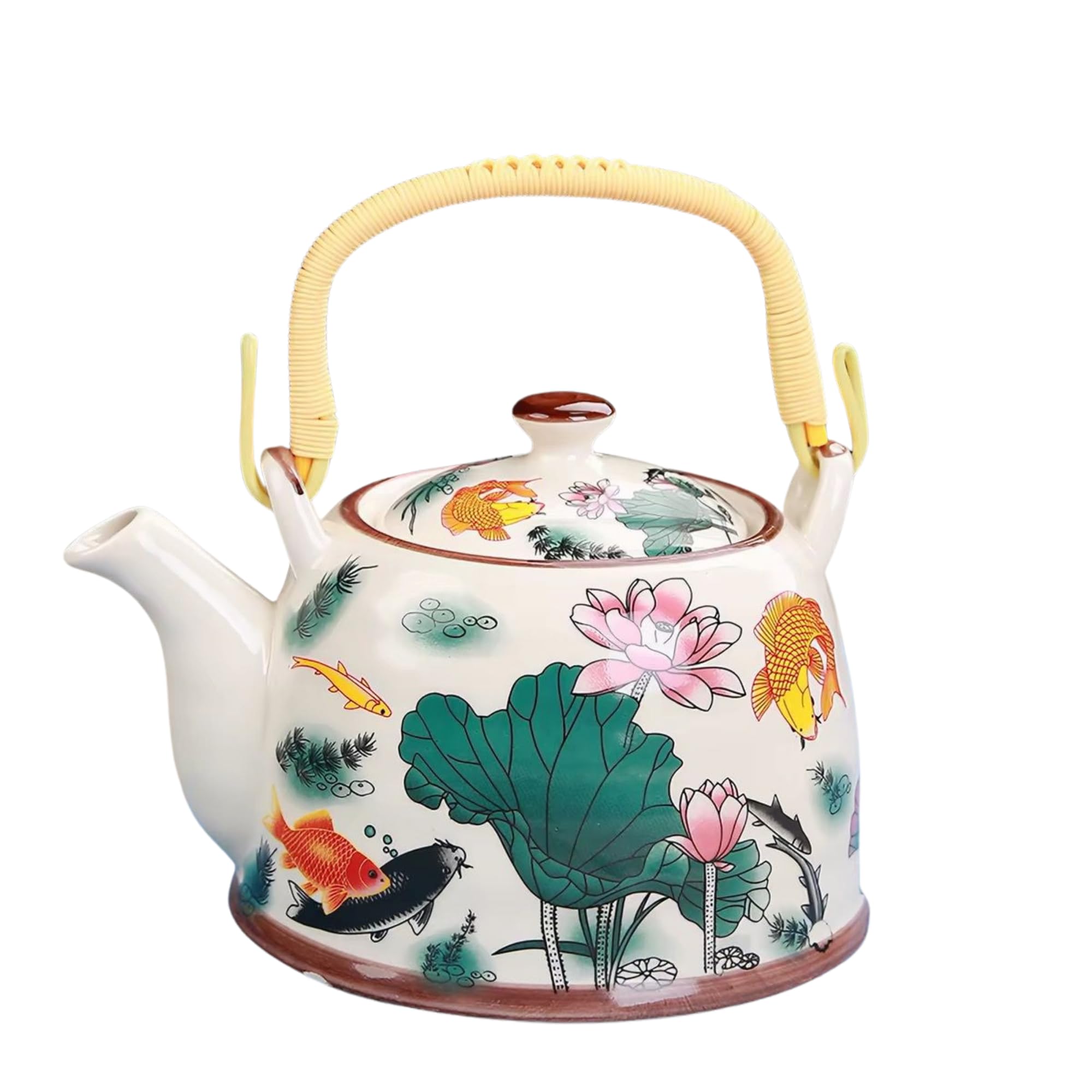 Chaleira de Cerâmica Estampada com Flores, 800ml, com Infusor de Inox, Cabo de Bambu,