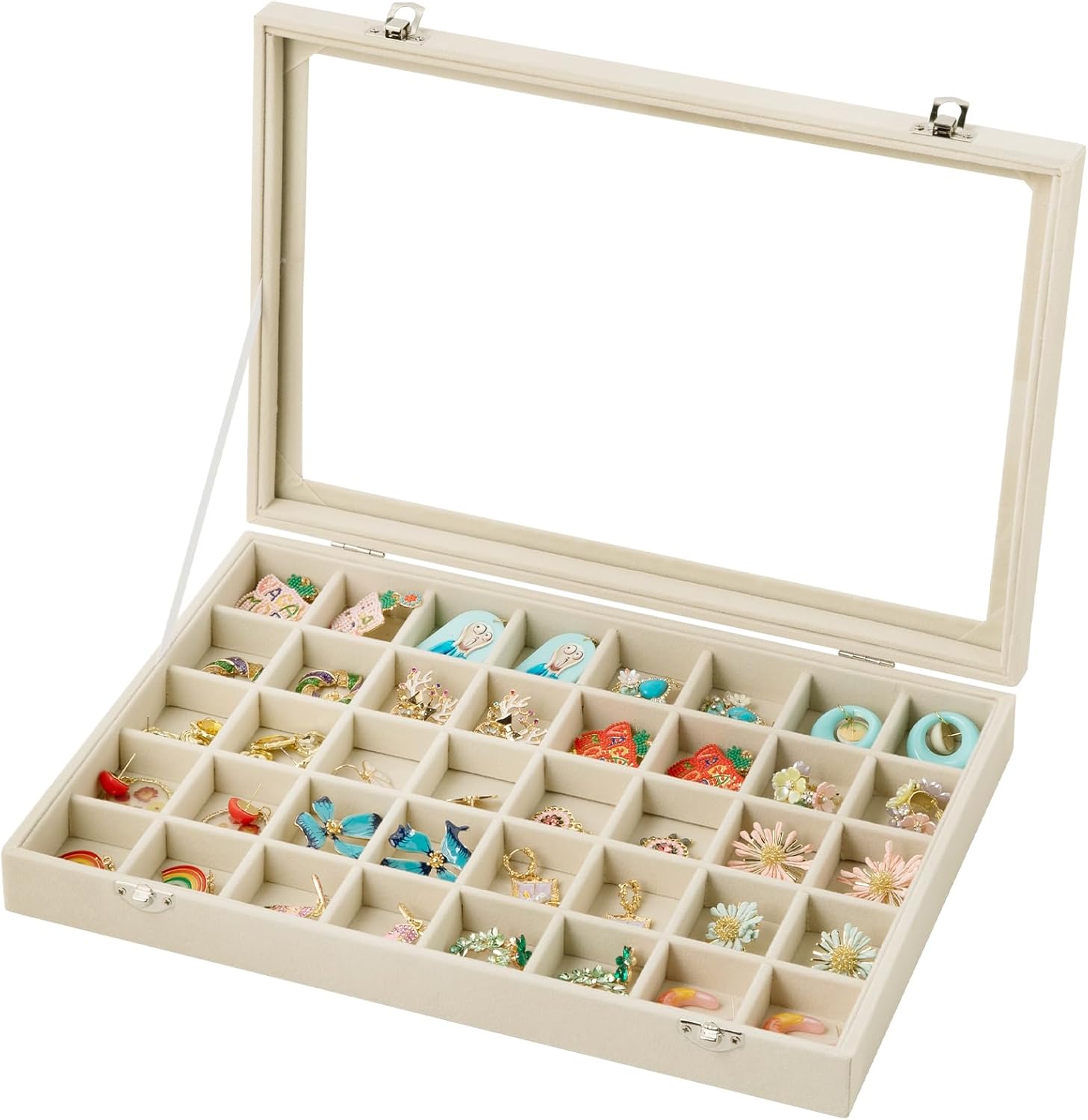 Frebeauty 48 Grid Jewelry Tray,Adjustable Earring Holder Organizer with Glass Lid,Velvet Drawer Jewelry Organizer for Rings,Studs,13.8 x 9.5 x 2 Inches Jewelry Display Box,Gift for Women(Turquoise)