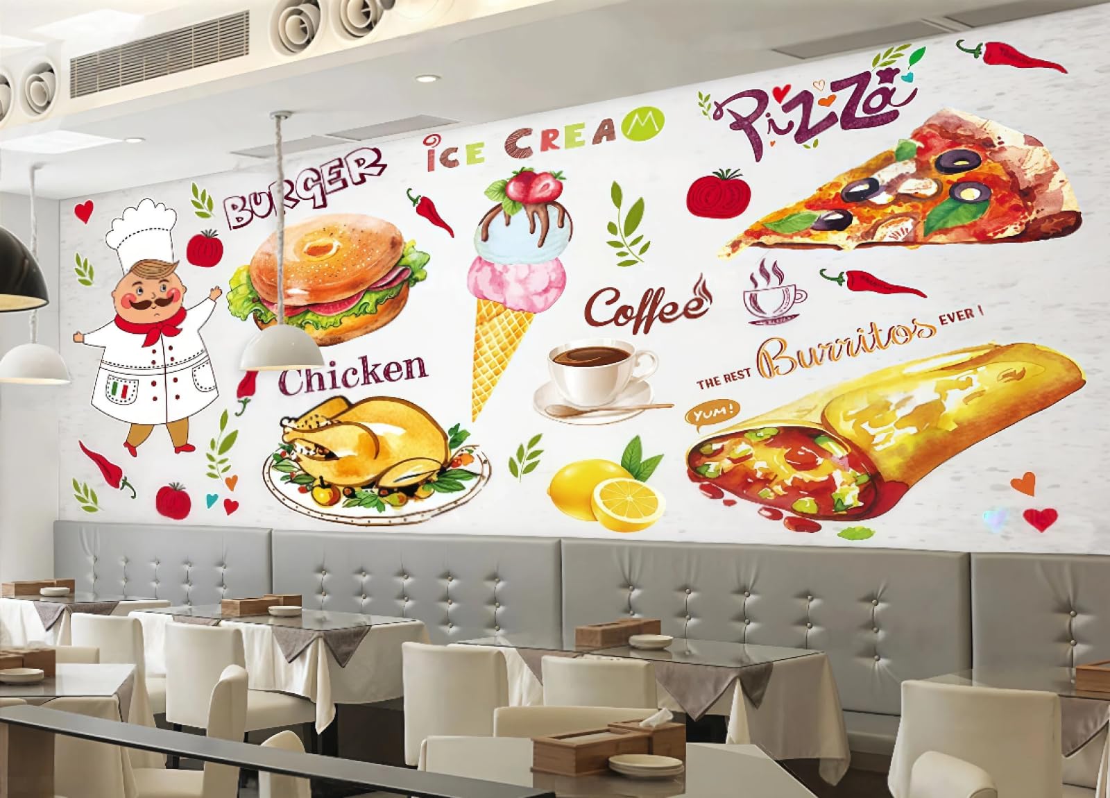 rskjdghshd Wallpaper Retro Hand-Painted Gourmet Cartoon Pizza Fried Chicken Fast Food Restaurant Afternoon Tea Background Wall Western Restaurant Wallpaper Cafe Mural,3D,150x105cm