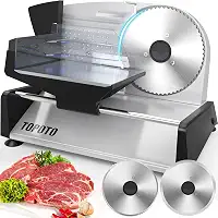 Cortador de carne Uso doméstico TOPOTO Cortador de carne elétrico 2 lâminas de aço inoxidável de 7,5' 0-15 mm Máquina de fatiar de espessura ajustável Poderosos fatiadores de comida para carne, queijo, pão, vegetais fáceis de limpar