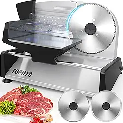 Cortador de carne Uso doméstico TOPOTO Cortador de carne elétrico 2 lâminas de aço inoxidável de 7,5" 0-15 mm Máquina de fatiar de espessura ajustável Poderosos fatiadores de comida para carne, queijo, pão, vegetais fáceis de limpar