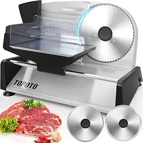 Cortador de carne Uso doméstico TOPOTO Cortador de carne elétrico 2 lâminas de aço inoxidável de 7,5' 0-15 mm Máquina de fatiar de espessura ajustável Poderosos fatiadores de comida para carne, queijo, pão, vegetais fáceis de limpar