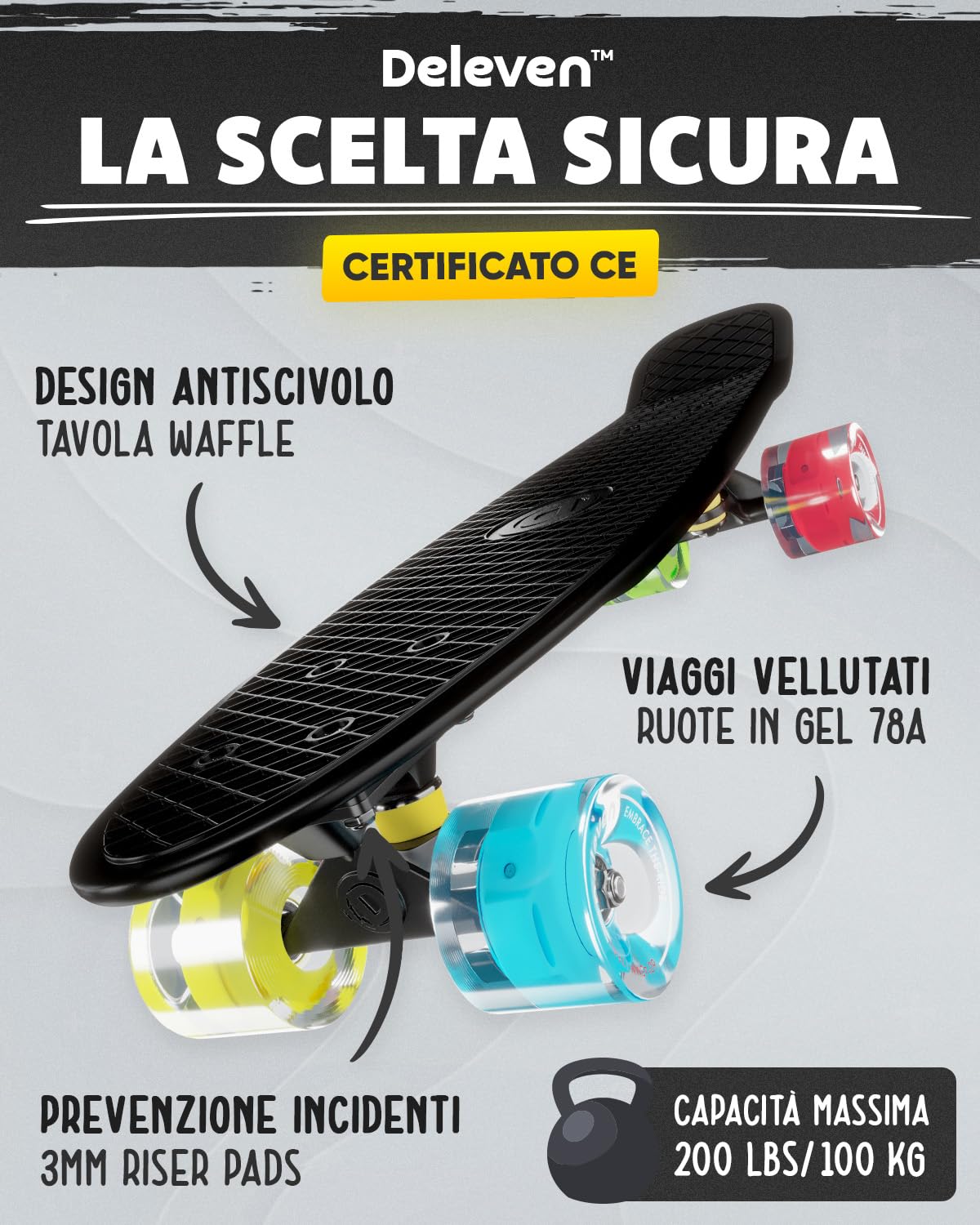 Deleven Skateboard 56cm con Ruote LED, Tool per Skate e Cuscinetti Abec 7 - Per Bambini Principianti Ragazze Ragazzi Adolescenti Adulti