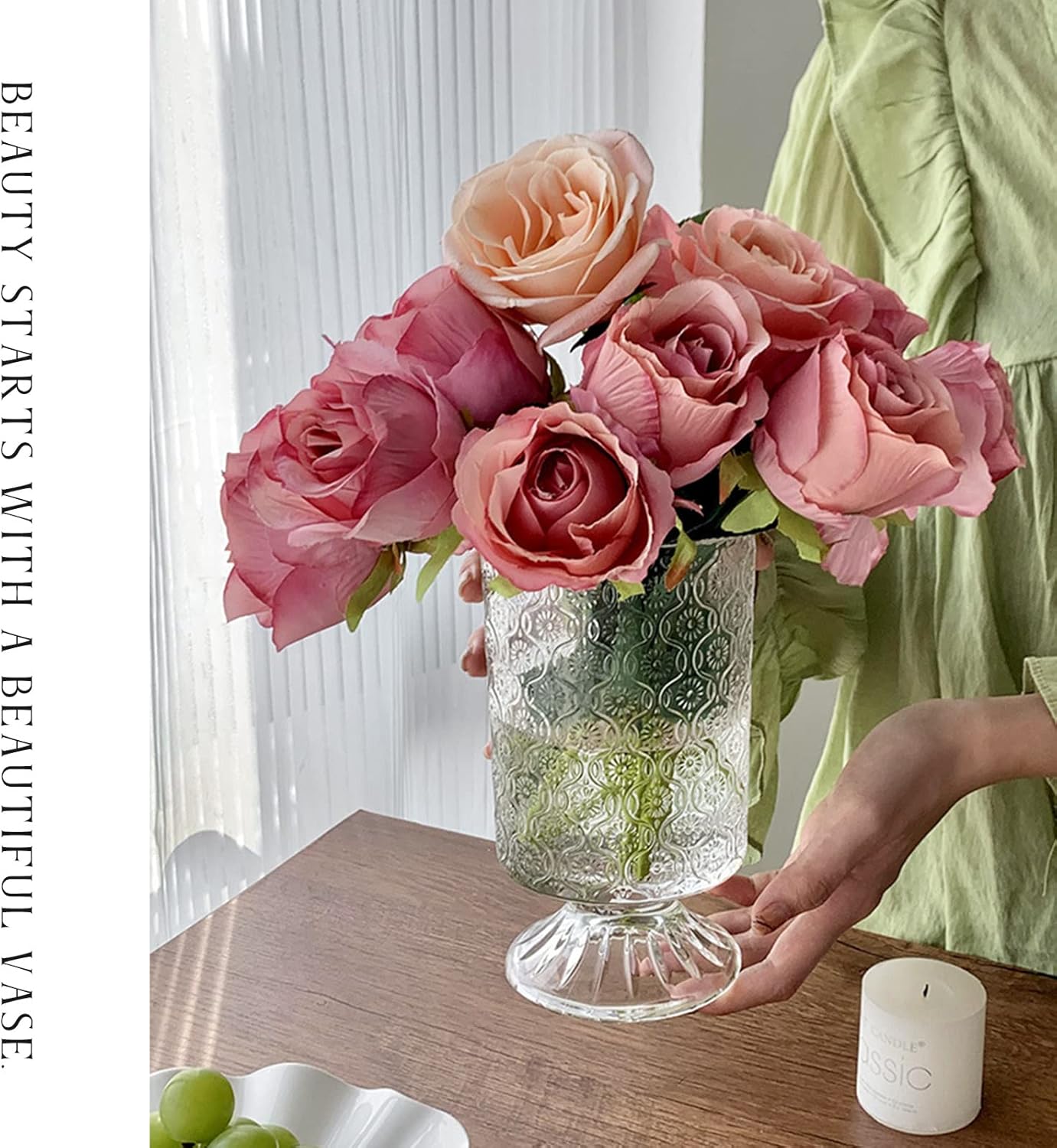 7 Inch Modern Glass Vase with Embossed Ribbed Base - Clear Hydroponic Design for Home Decor, Weddings Party Living Room, Dining Table Floral Arrangement Centerpiece - Image 6