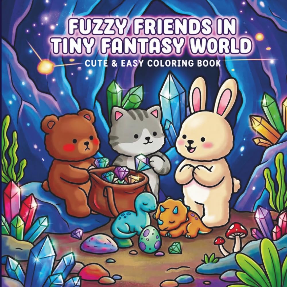Fuzzy Friends in Tiny Fantasy World: A cute and Easy Coloring Book Featuring Cute Cat, Bear & Bunny in Cozy Magical Adventures for Relaxation and Stress Relief