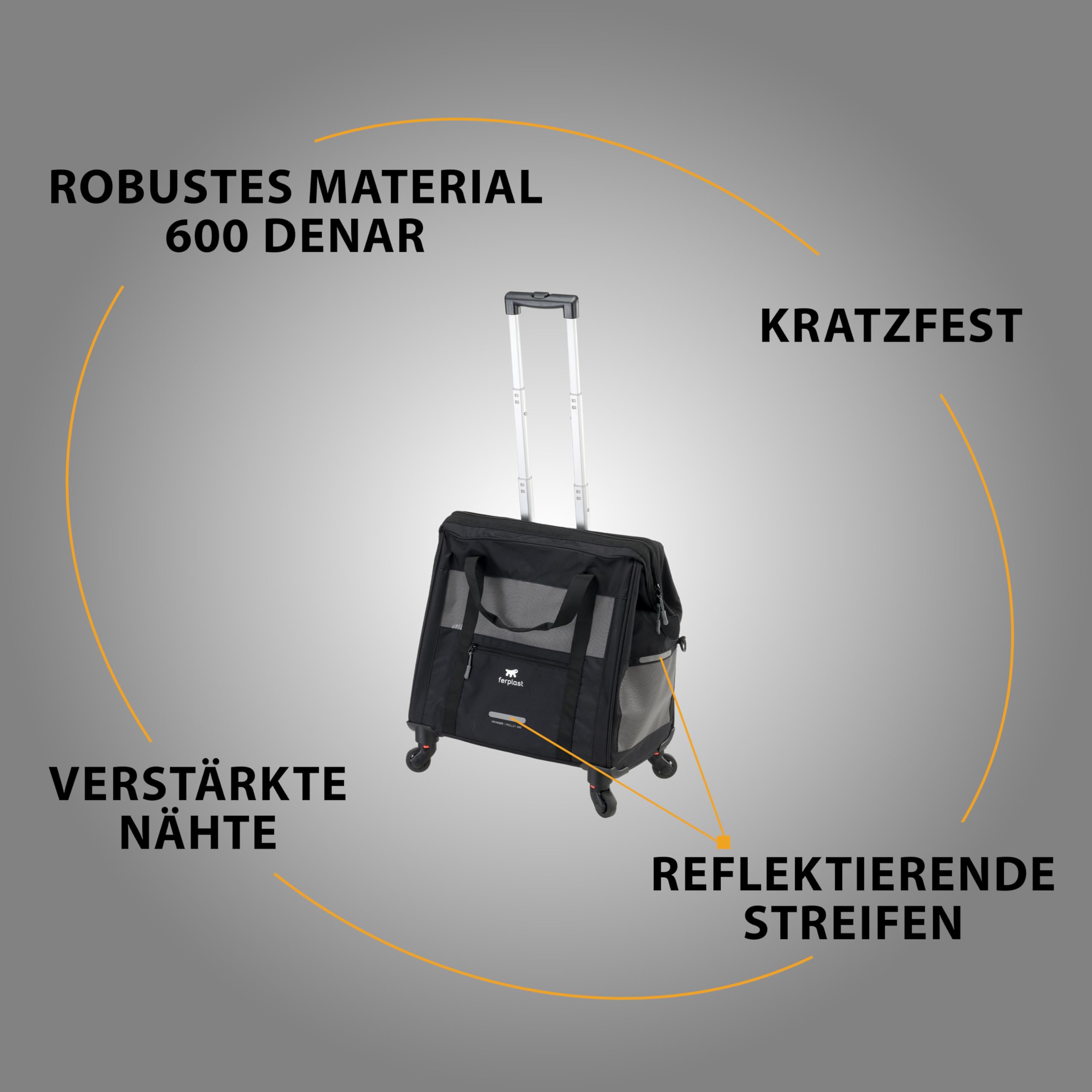 Ferplast Hundebox Voyager Trolley, Transportbox Katze, Hundetasche, ausziehbarer Griff, verstellbare Gurte, breite Öffnung, abnehmbare Räder, max. 15 kg, 46 x 26 x 48H cm, Schwarz