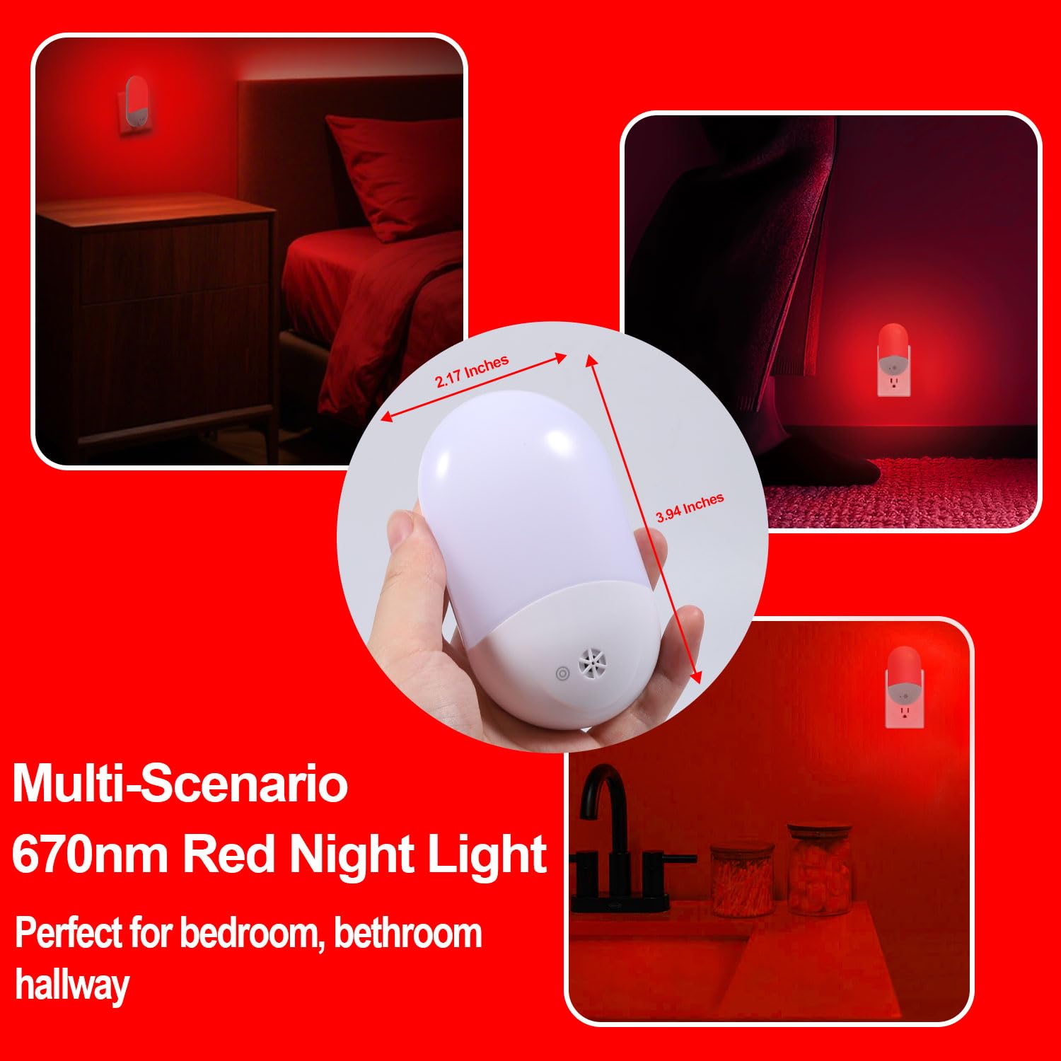Luz nocturna roja para terapia del sueño [paquete de 2] - Luz nocturna LED de encendido/apagado automático se conecta a la pared para bebé, baño, promoción de melatonina con