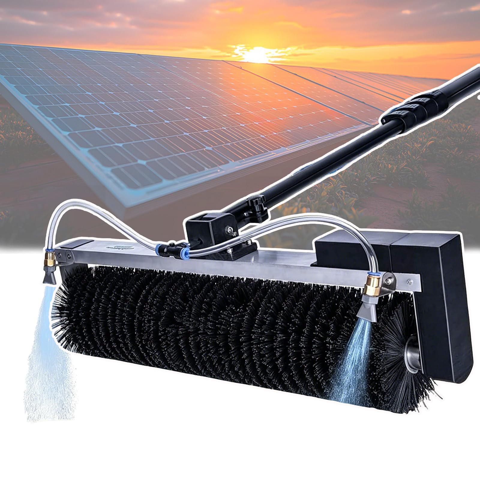 Palo Limpiacristales con Agua y Electricidad – Cepillo 60cm Giratorio 350rpm, 10m, asta telescópica Aluminio, Protector Agua – Limpia Placas solares, Autocaravana, tejado 3.5m-Oneset