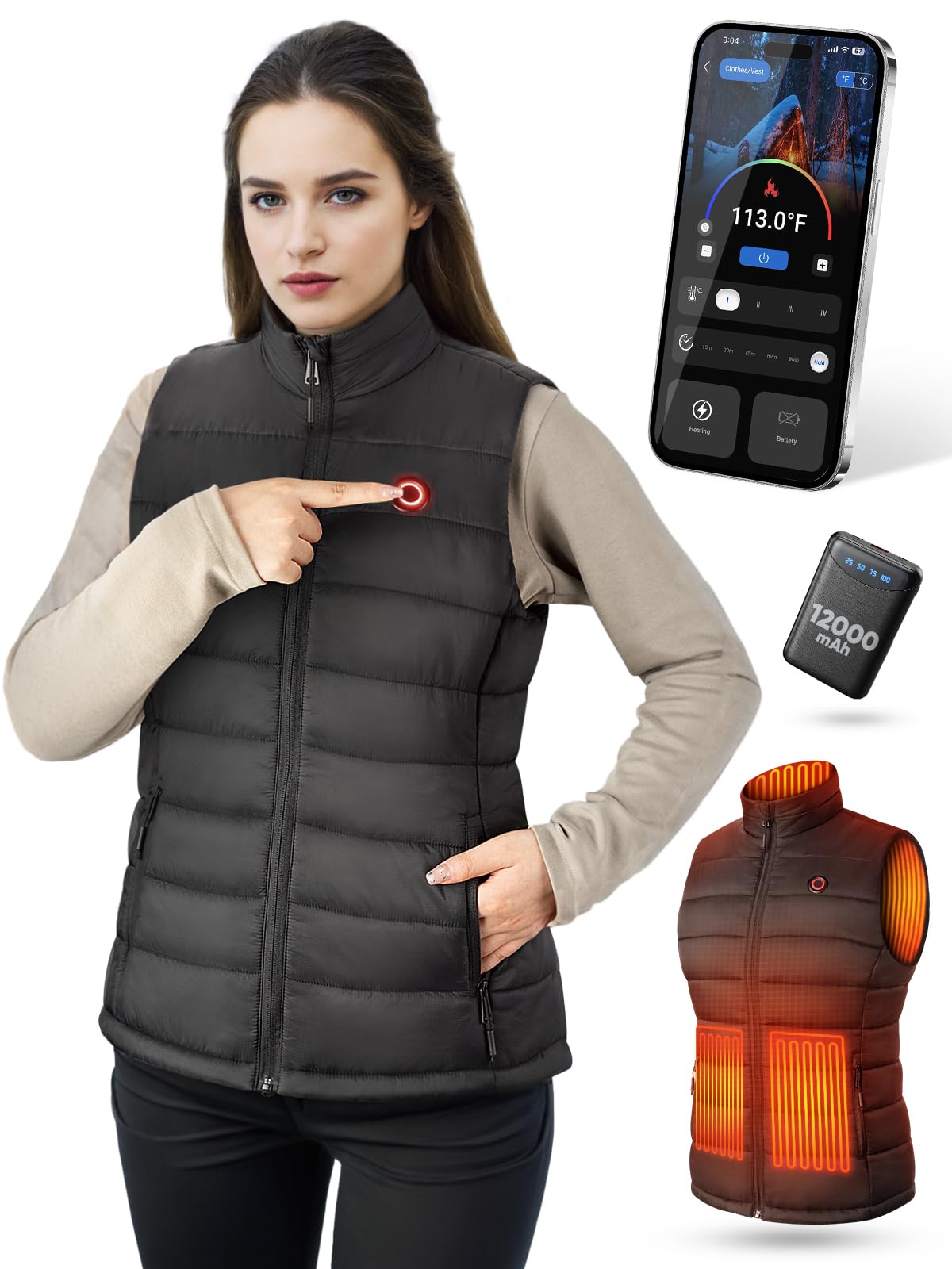 POSUGEAR Chaleco Calefactable Mujer con batería de 12V 12000mAh chaleco plumas mujer con Bluetooth ligero y cálido chaleco con batería Chaleco térmico para exteriores