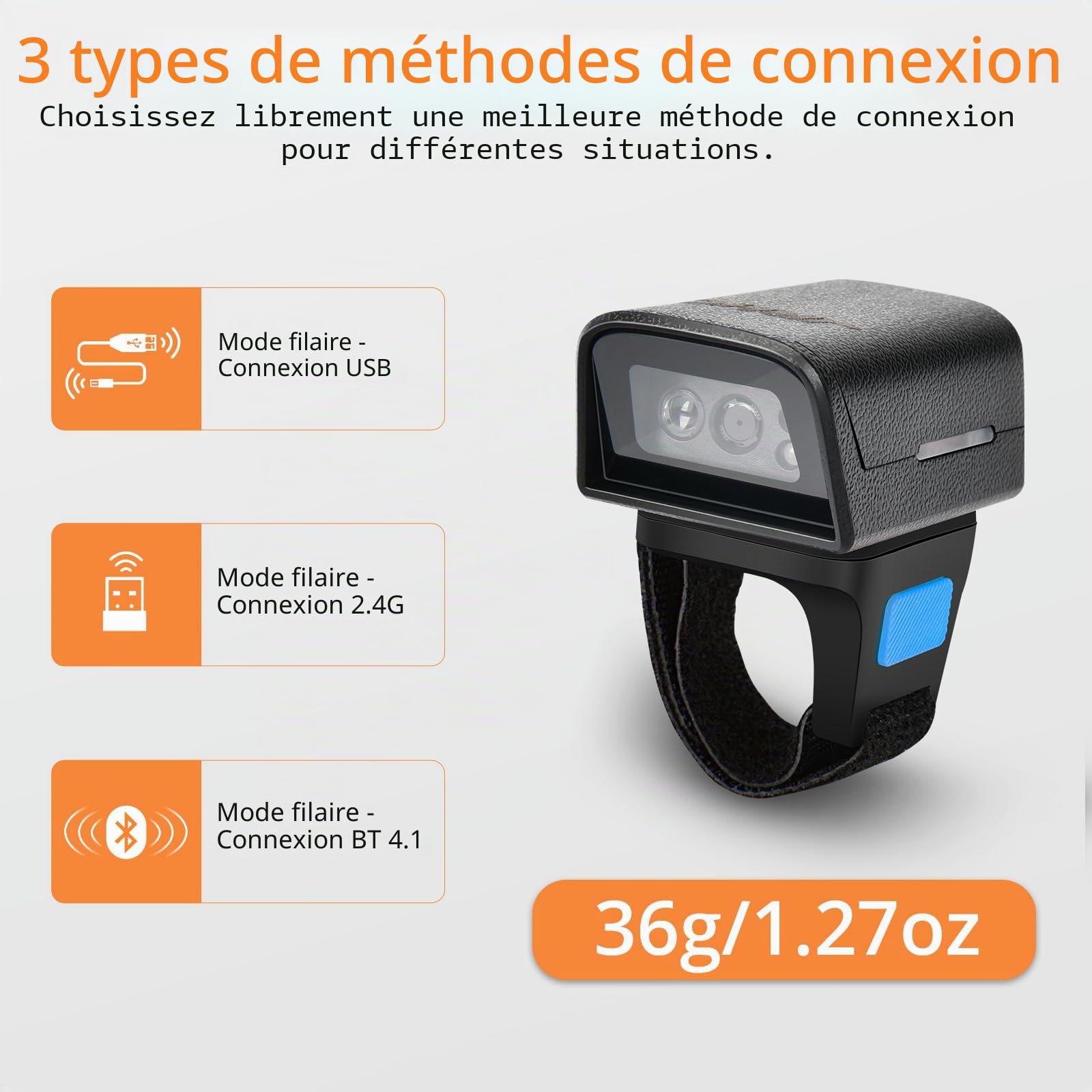 Scanner de Codes-Barres Portable Bluetooth 1D 2D - Mini Lecteur de Codes-Barres Portable avec Connexion sans Fil 2,4 GHz et câble USB