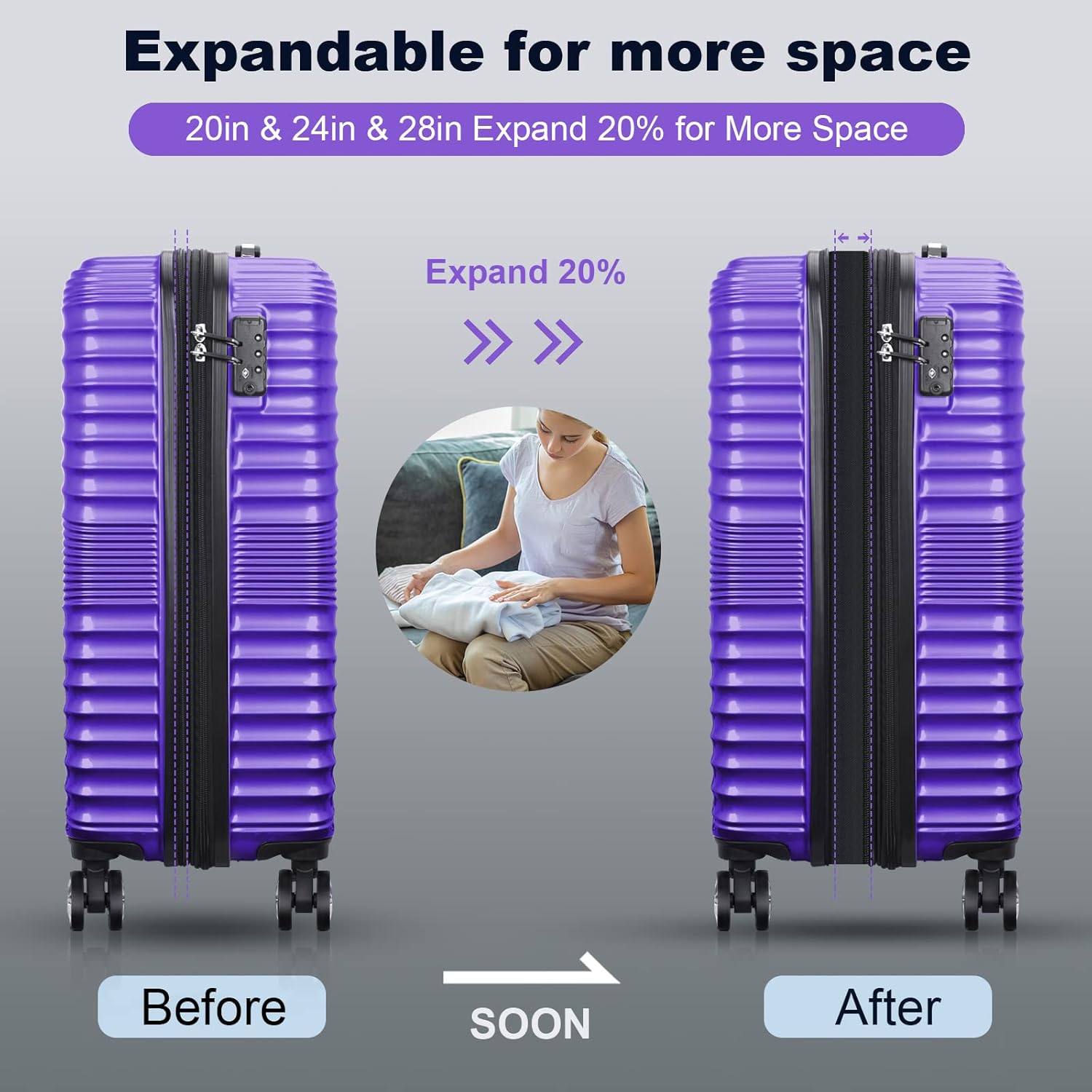 review SURFLINE Luggage Sets 3 Piece Clearance Carry On Luggage Set Expandable PC+ABS Hardside Suitcase Sets with Spinner Wheels TSA Lock (20in/24in/28in)(All Purple)