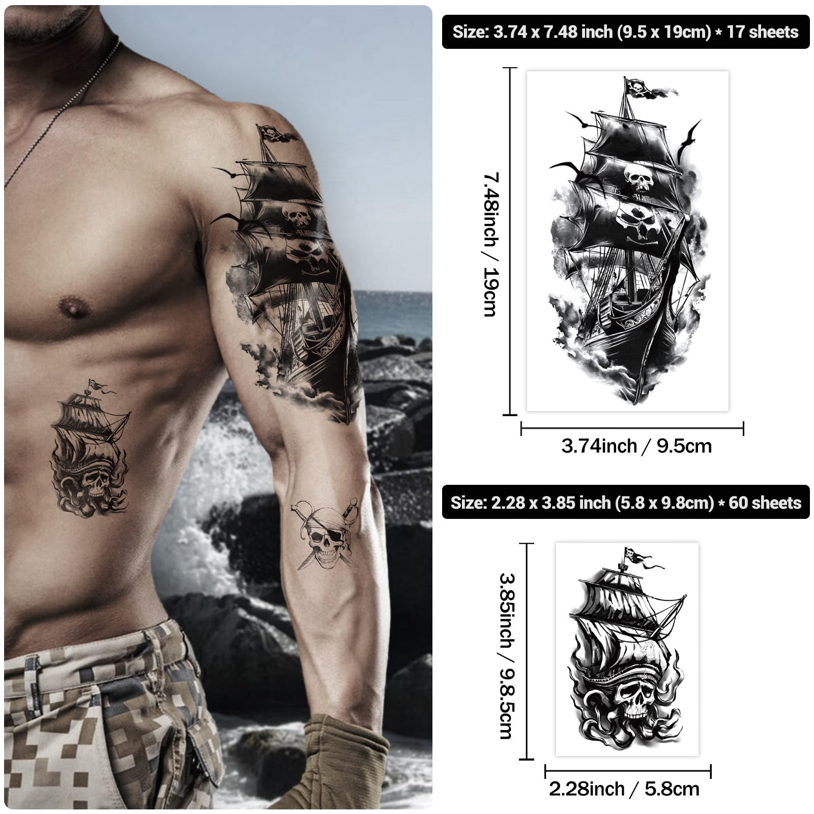 77 Sheets Temporary Pirate Tattoos, Captain Anchor Compass Sailboat Tattoos, Pirate Ships, Skull, Crossbone - Image 3