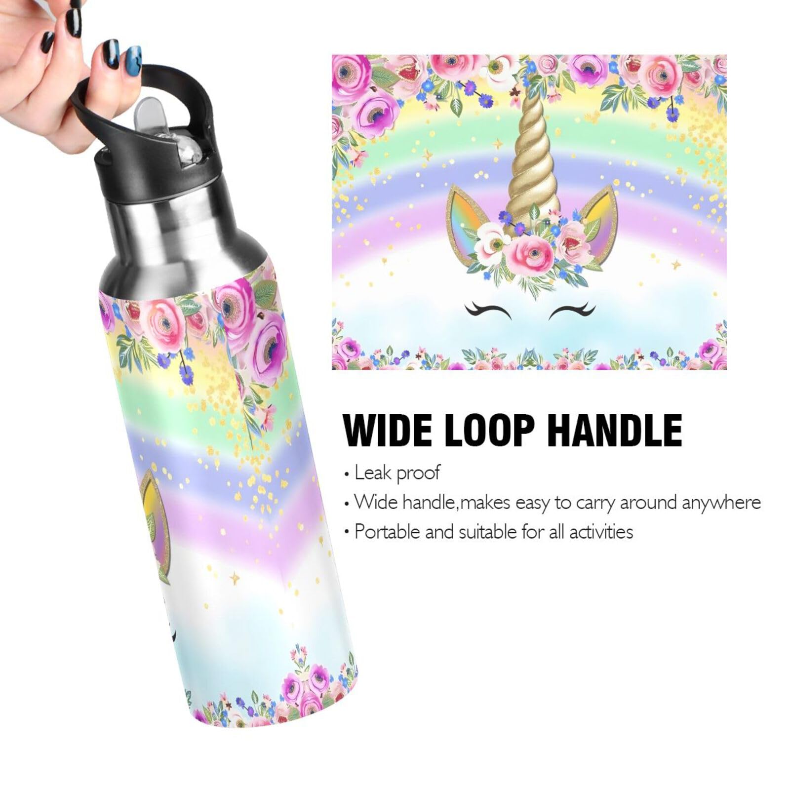 Linda botella de agua de unicornio para niños, termo aislado para niños y niñas, botella de agua fría caliente con tapa de popote para deportes, gimnasio, correr, 20 onzas