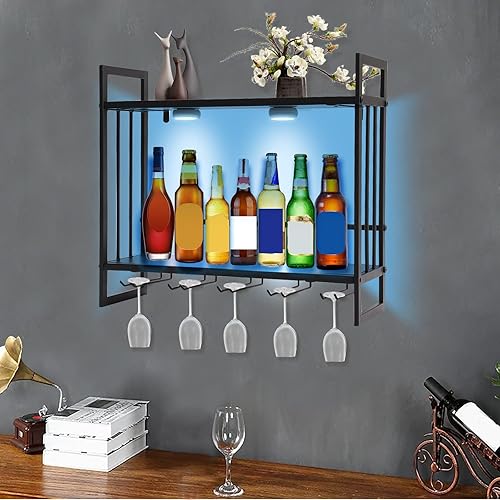 Miniatura 4 de Gdrasuya10 Estante de vino con luz LED montado en la pared, estante de exhibición de botellas de vino, estante de almacenamiento de vino de metal,