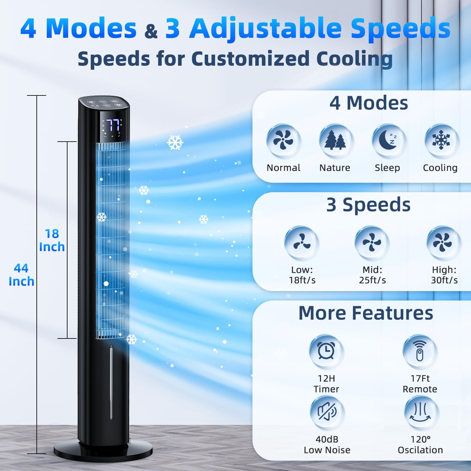 44" Windowless Portable Air Conditioners w/4 Modes & 3 Speeds,12H Timer, 4L Tank for 24H Cooling Evaporative Air Cooler, 4 Ice Packs,17Ft Remote, 120° Oscillating Swamp Cooler Air Conditioner