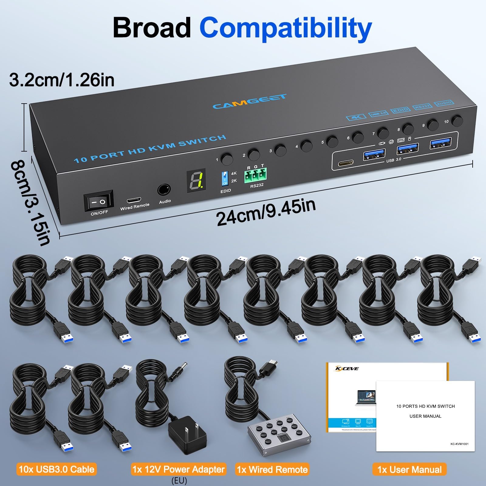 10 PC 8 PC KVM Switch HDMI 4K@60Hz EDID Analogique, 10 Port Commutateur KVM HDMI USB 3.0 pour 10 PC Partager 4 Périphériques USB et 1 Moniteur, Audio, RS232,Avec câble USB 10,Contrôleur de Bureauet