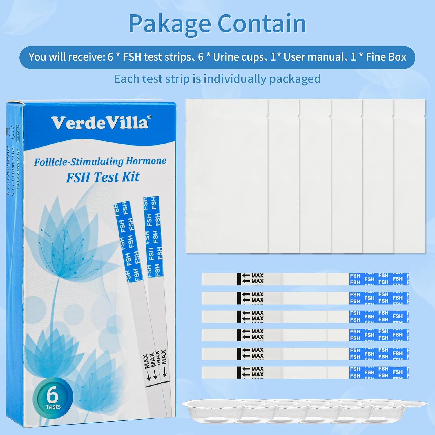 Menopause Test Strips at Home, FSH Menopause Stage Indicator Perimenopause Test with 6pcs Urine Cups, Help Understand Your Ovarian Reserve, Determine Your Fertility and Menopause Levels, 6 Pack