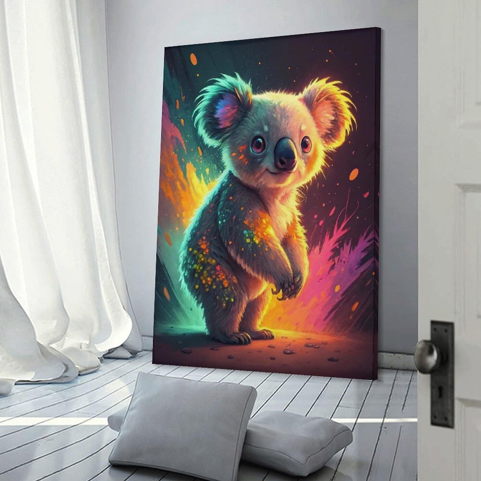 Junmoney Cute Koala with Colorful Splashes Canvas Art Print, 12x18inch(30x45cm), for Living Room, Bedroom, Office Or Hallway, Decorative Artwork with Broad Appeal