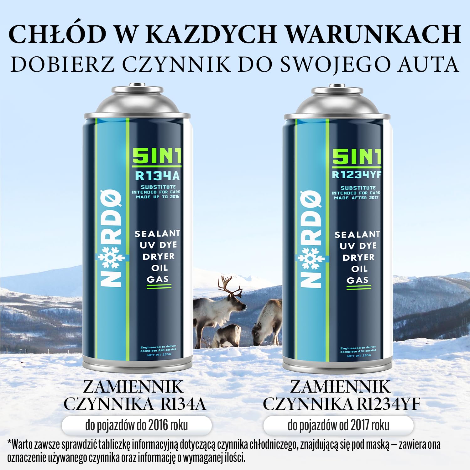 Nordo - 5in1 – 2x Gaz R134a i Olej + 2x Czynnik Chłodniczy R134a 5in1 XL 235g Każda Puszka, do Samochodowej Klimatyzacji z Olejem, Uszczelniaczem, Barwnikiem UV, Środkiem Osuszającym + Wąż