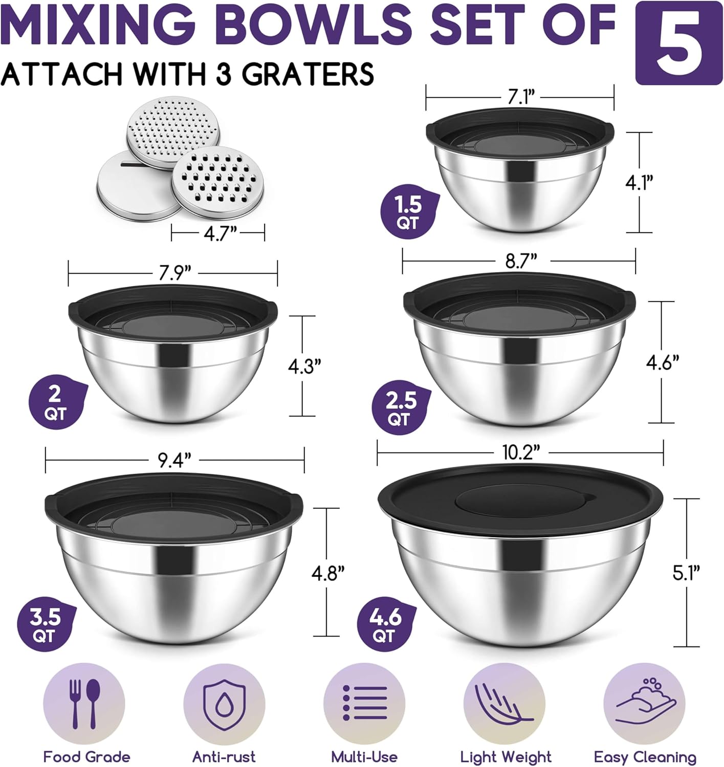 Herogo 5-Piece Mixing Bowls with Lids, 3 Grater Attachments, 7-Piece Cooking Utensils Set, Black
