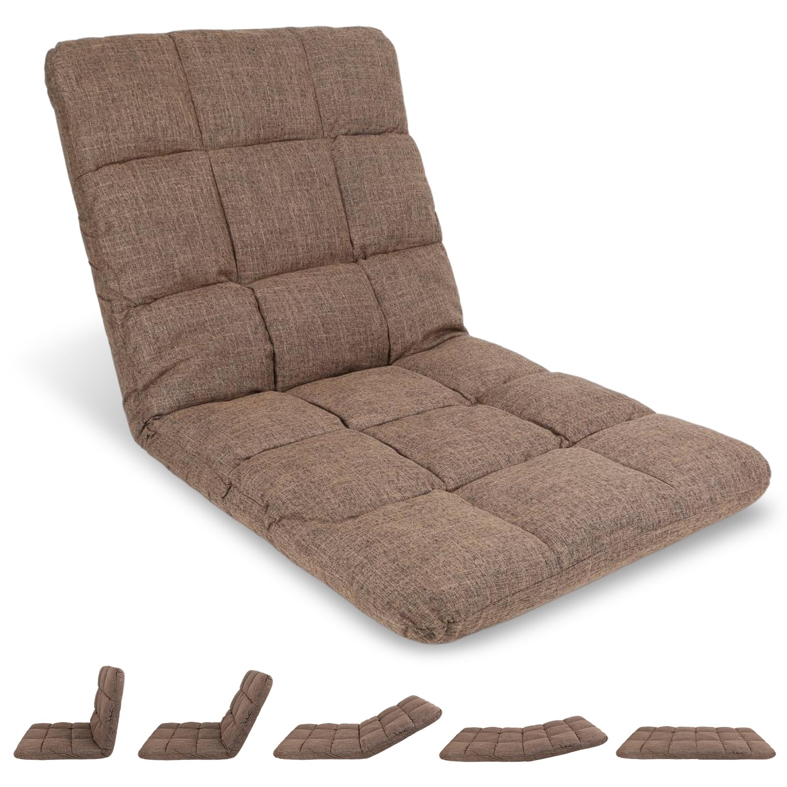 Silla plegable de suelo, sofá cama ajustable, silla acolchada portátil con soporte de respaldo para leer, descansar y jugar (marrón), NUM-TEL0977-1-UK-FBA-XBB