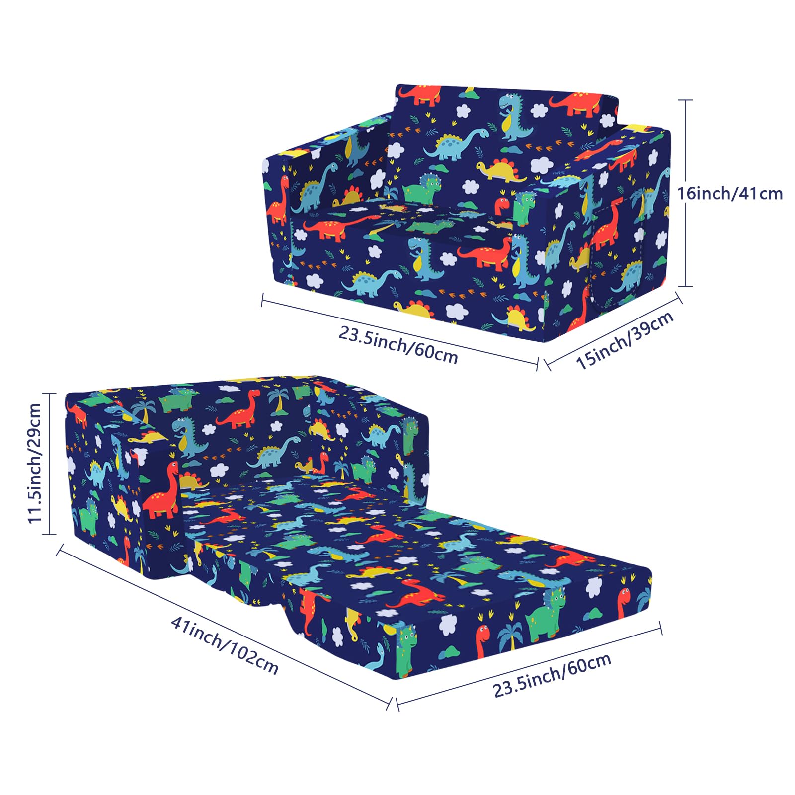 Canapé Pliant pour Enfants Canapé-Lit Convertible 2 en 1, Canapé-Lit pour Bébés Stable Confortable avec Pochette en Tissu, Canapé Chaise Léger pour Chambre à Coucher Salle de Jeux, Dinosaures