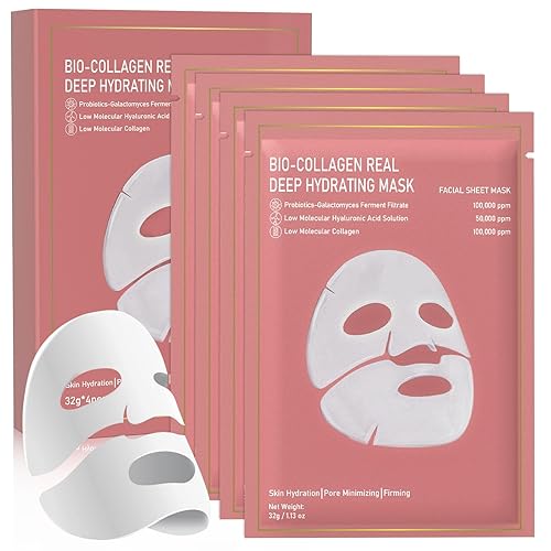 Mascarilla Profunda Real de Bio-Colágeno, Paquete de 4 Mascarillas Faciales Hidratantes Nocturnas para Todo Tipo de Piel, Mascarilla Facial