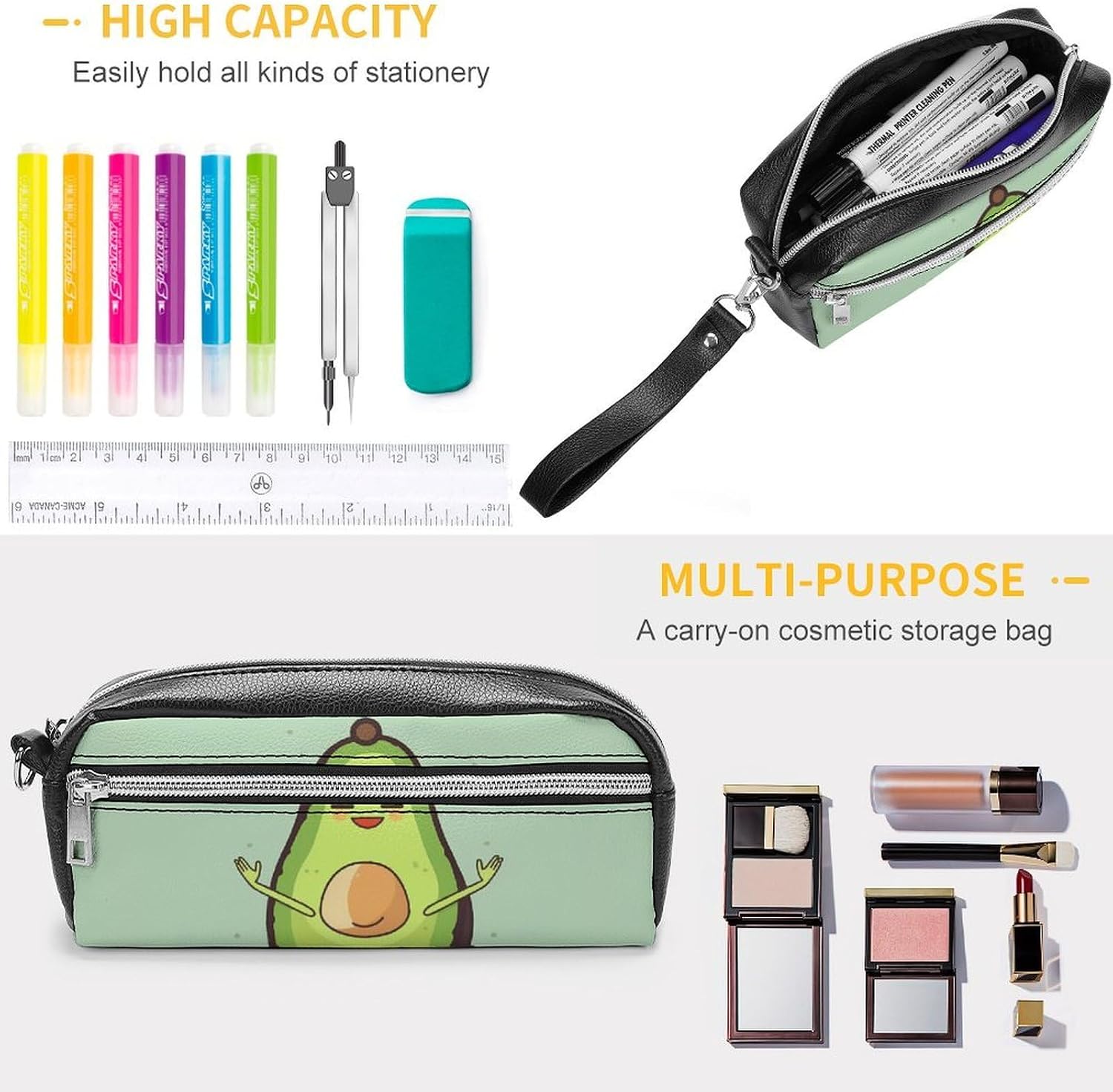 Cute Yoga Fruit Pencil Case Large Capacity Leather Pencil Pouch with Zipper, Portable Small Makeup Bag, Office Supplies Organizer for Women Men image 3