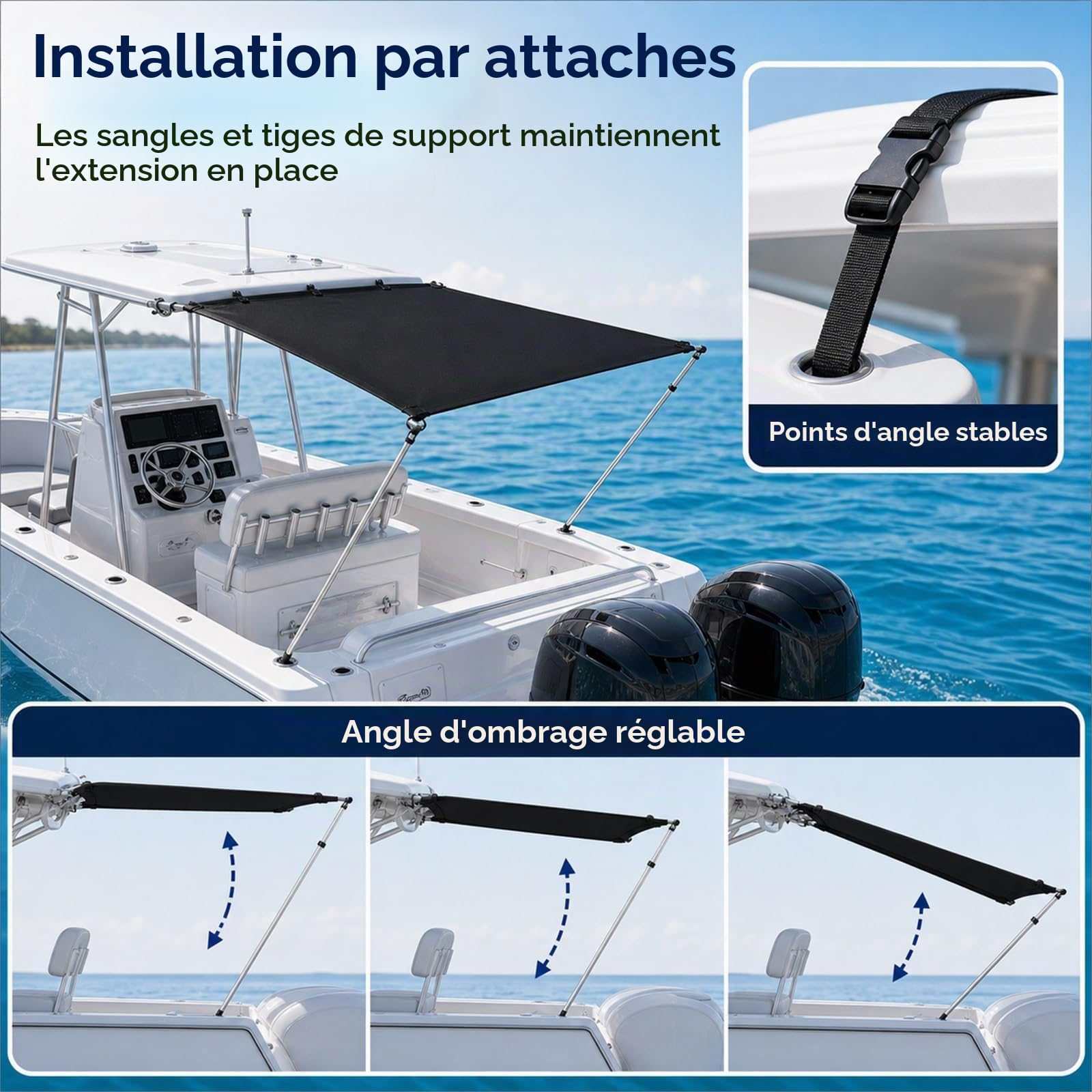 Kit d'extension d'ombrage T-Top,Bimini pour Bateau,Pare-Soleil en T Pours Couverture de Bateau,Imperméable,Protection Soleil,pour la Plupart des Bateaux à Console Centrale