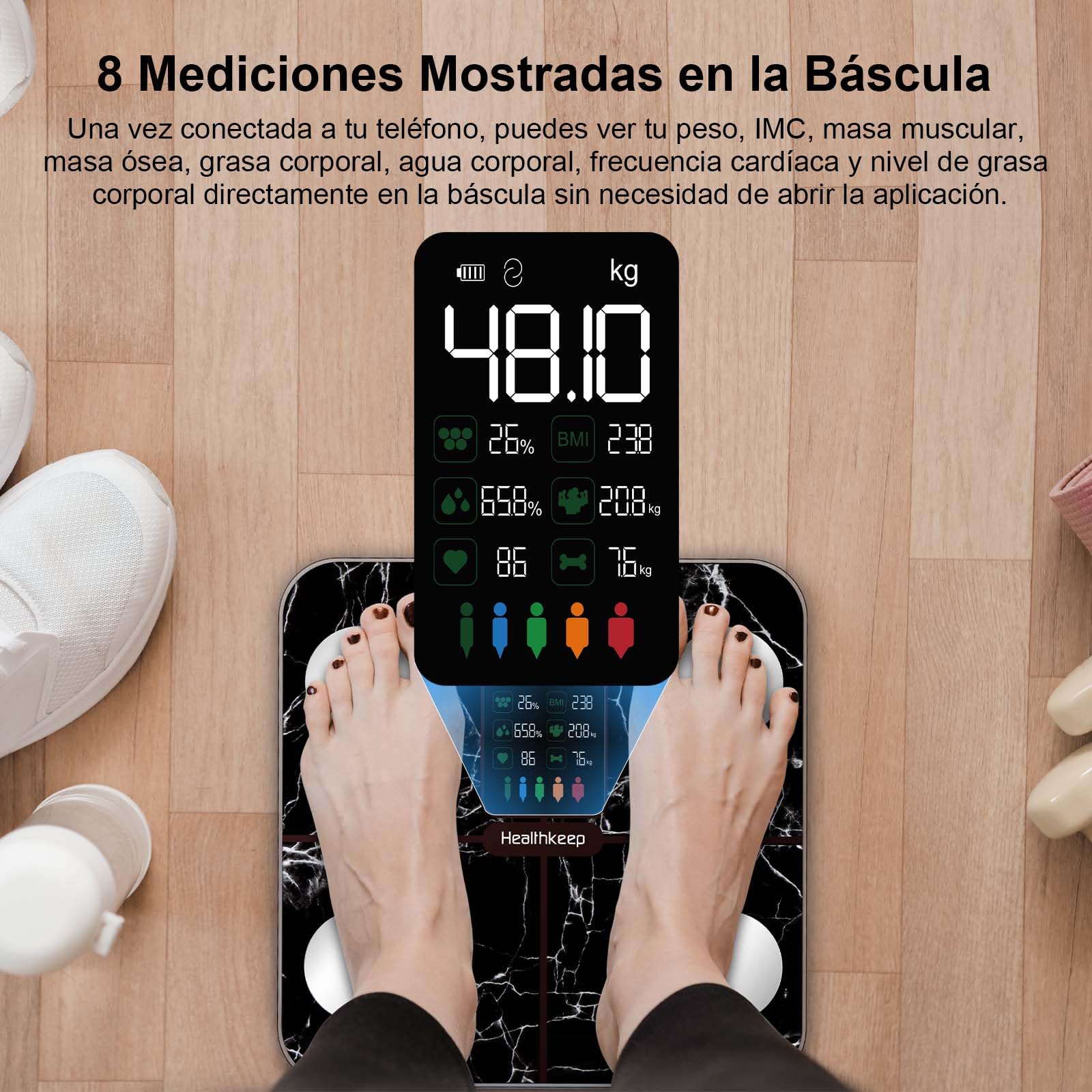 Healthkeep Báscula de Baño,Básculas Inteligentes Digitalescon Función de Frecuencia Cardíaca,15 Datos Corporales,Pantalla VA Extra Grande