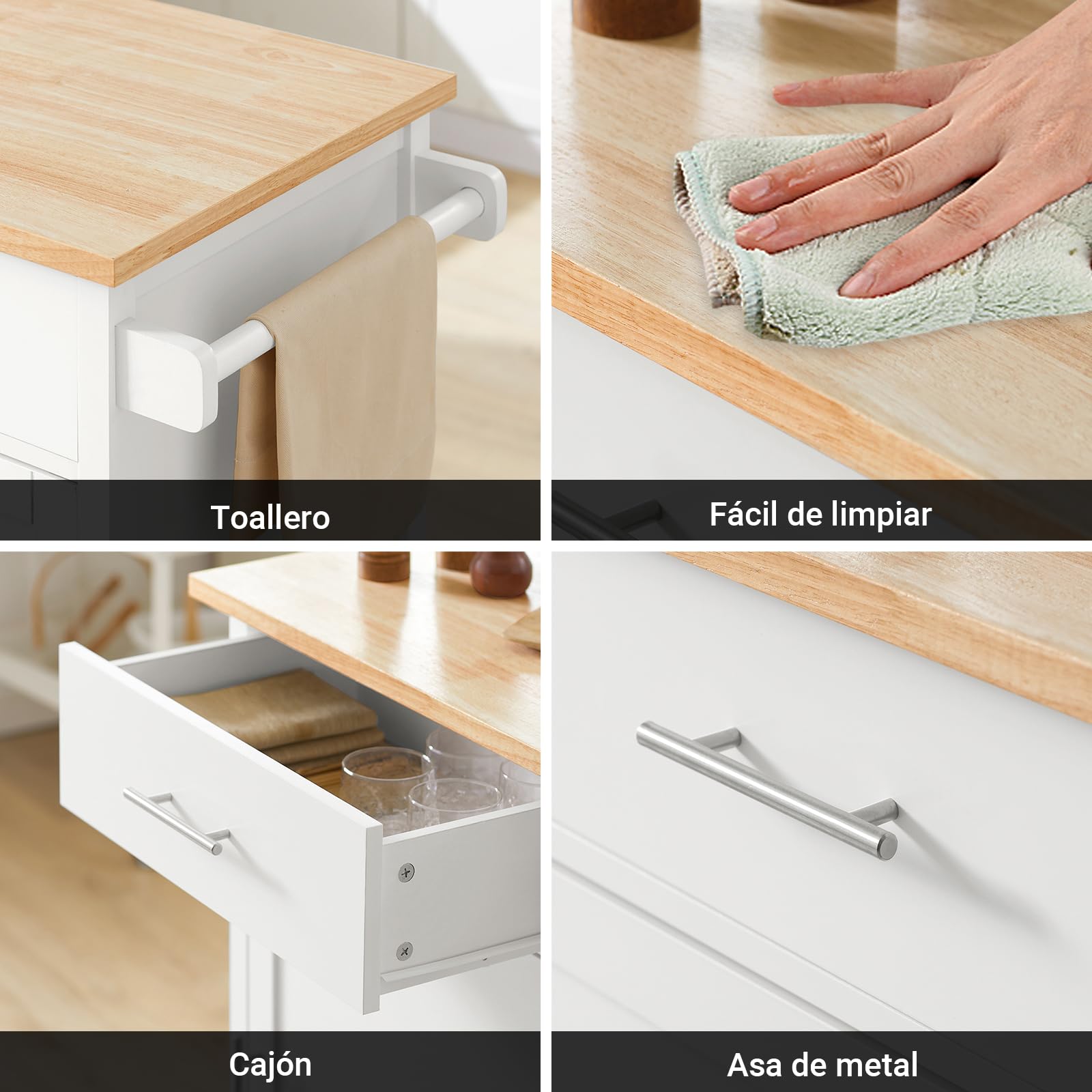 SoBuy Carrito Auxiliar con Ruedas Mueble Auxiliar de Cocina Carrito Cocina con cajón y Puerta Mesa Auxiliar Cocina Blanco-Naturale 68x46x90 cm FKW102-WN