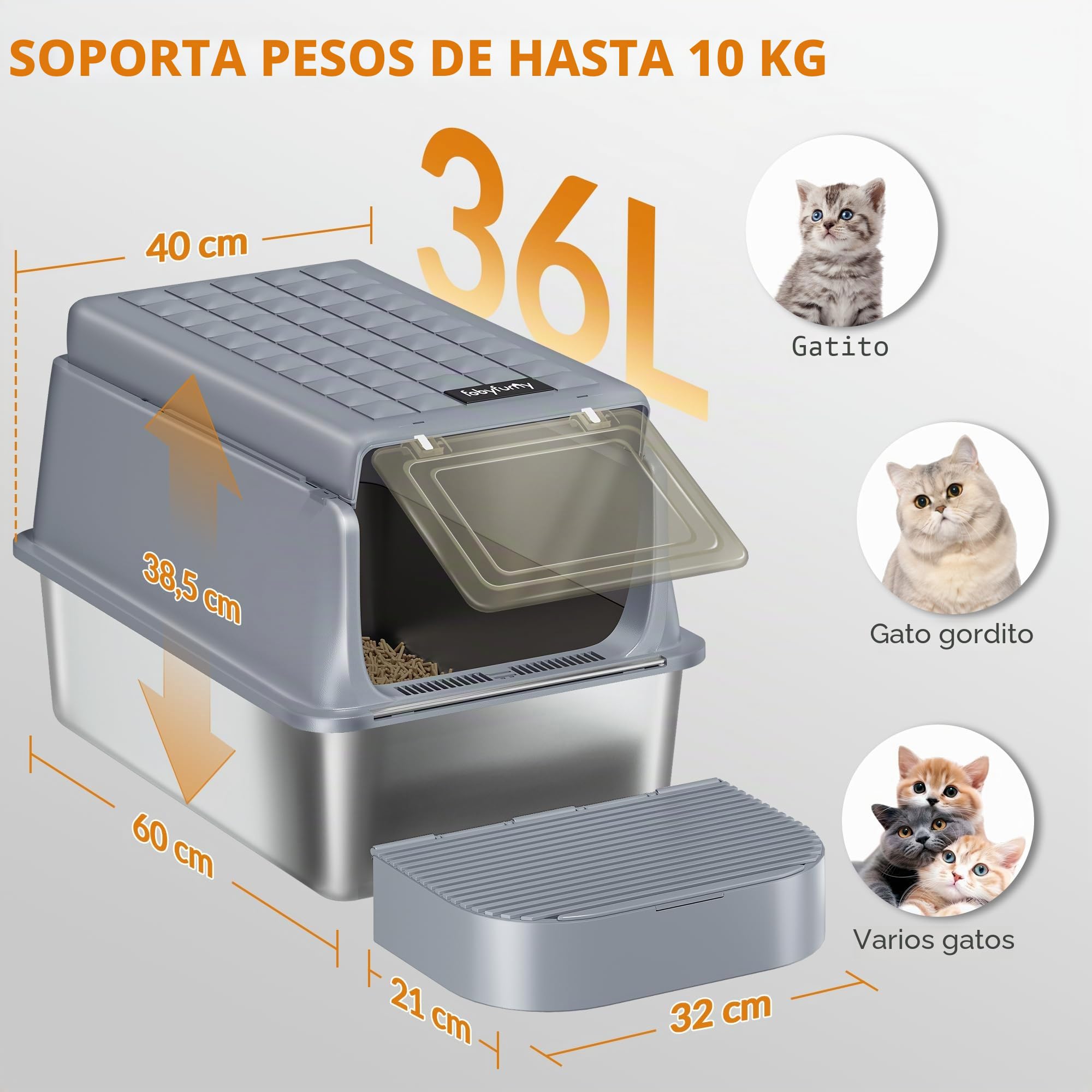 Arenero Acero Inoxidable Gatos con Tapa Paquete de 2, Gris Oscuro | Caja Sanitaria Cerrada XXL, con Pala para Arena y Escalón, Diseño de Tapa Abatible de 120°, Fácil de Limpiar FPLB002SG2