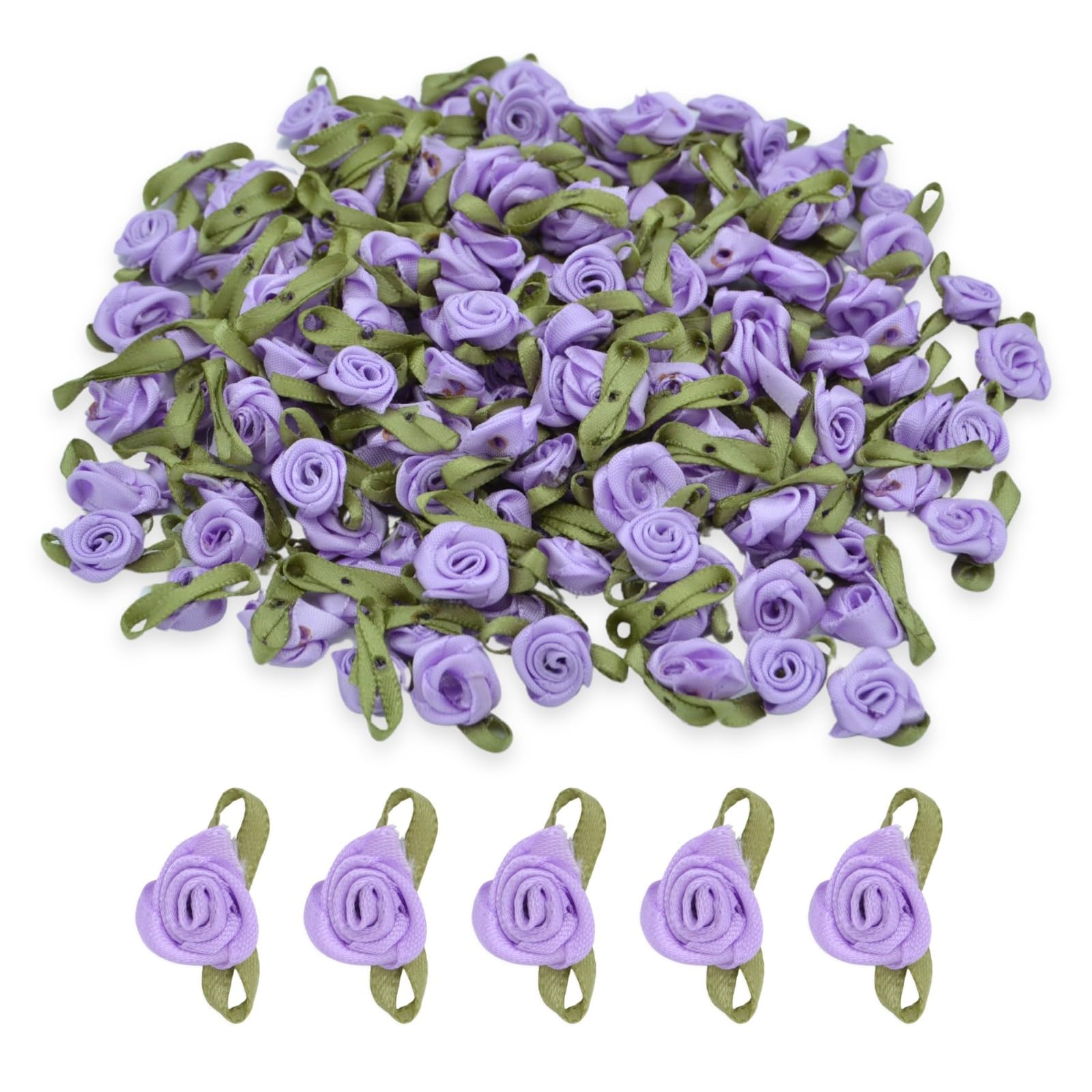 celloexpress 15mm Lilac #13 Satin Ribbon Roses with Green Leaves - Small Flower Buds - Crafts, Embellishments (Pack of 50)