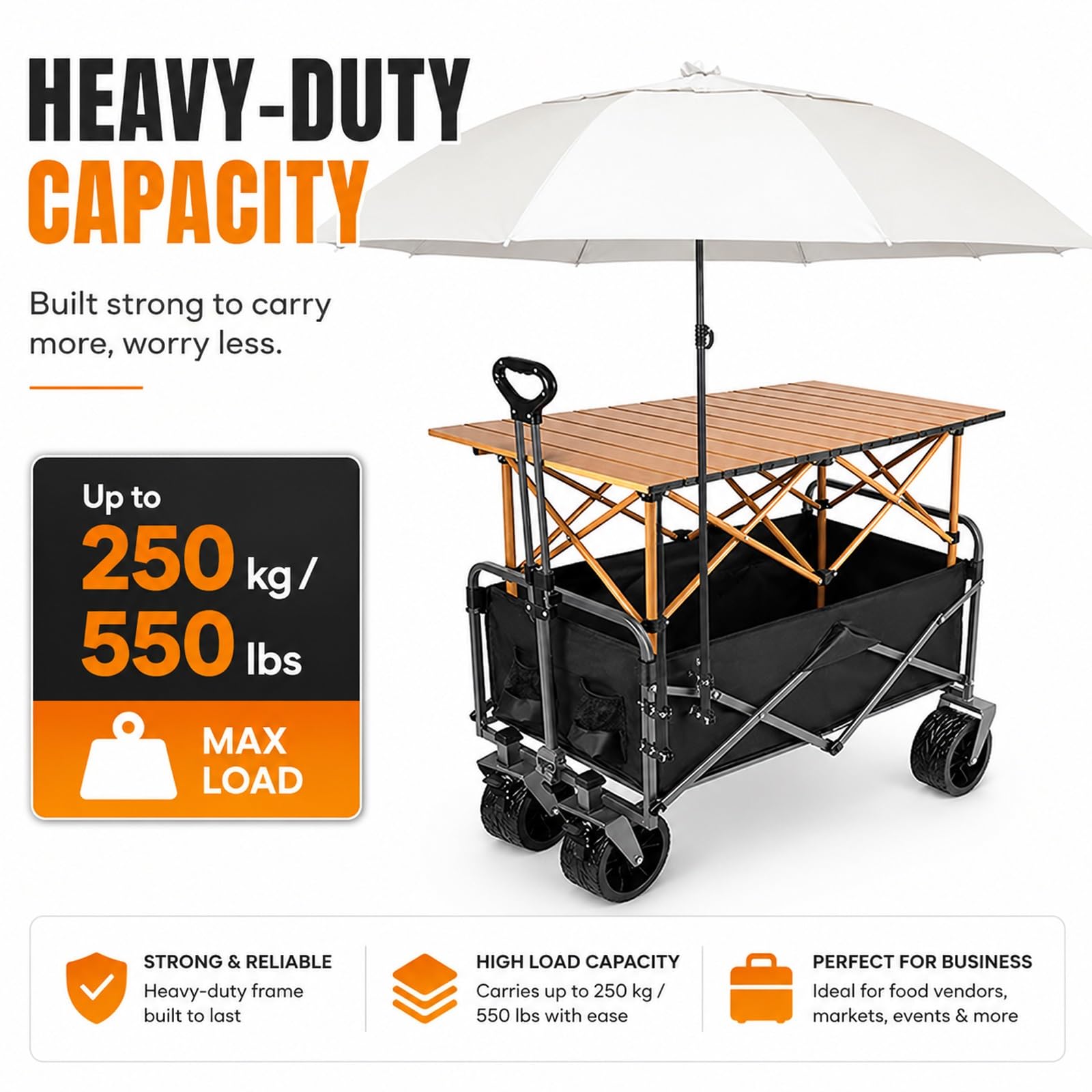 Carrito de Venta Plegable para Exteriores con Toldo y Ruedas, Puesto Móvil Comercial para Mercados, Venta Ambulante, Camping y Eventos(Black,118cm/46in)