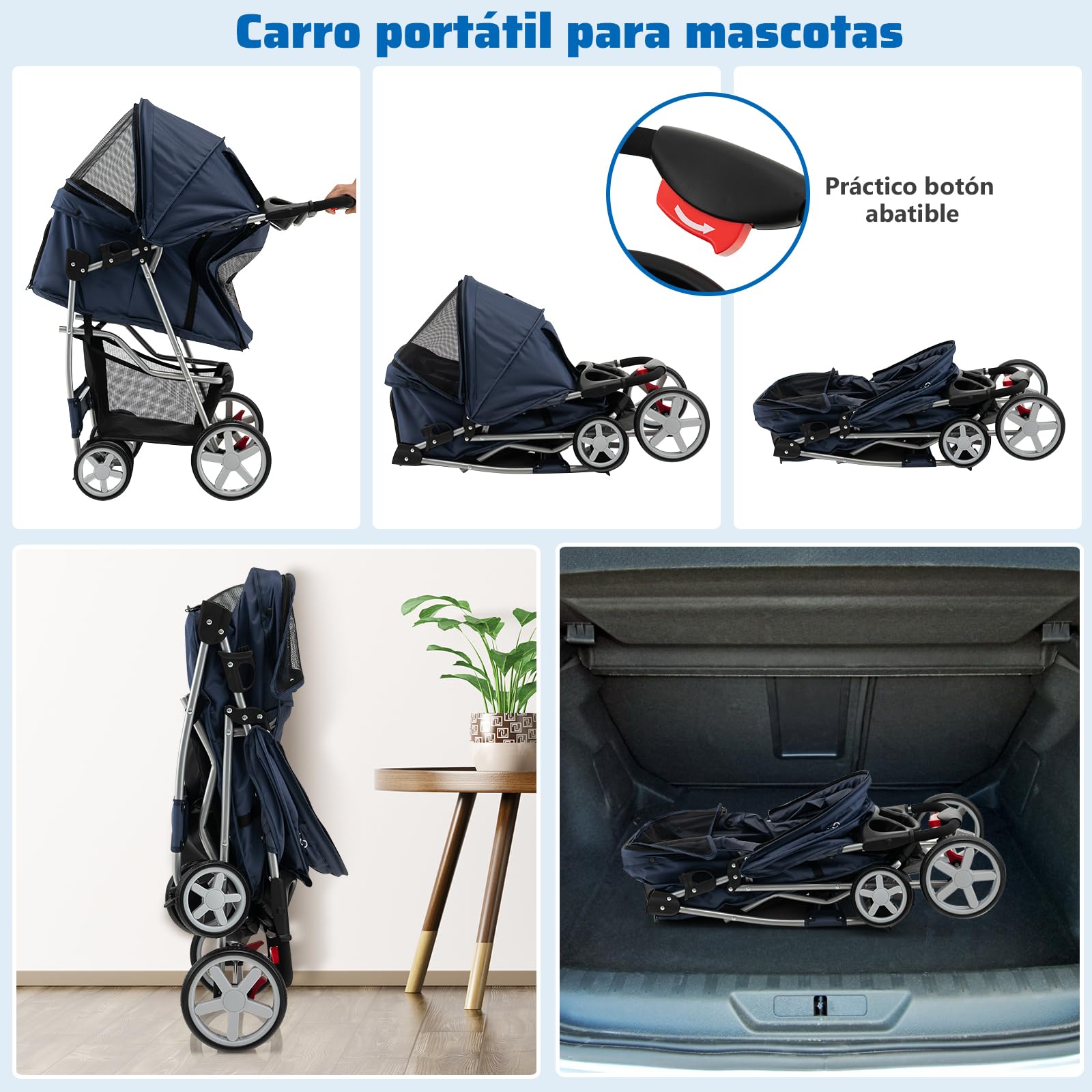SOARS Carrito para Perros Plegable Cochecito para Perros de hasta 15 kg, Cochecito para Gatos con Ventanas de Malla, Portabebidas y Cesta de Almacenamiento, 4 Ruedas (Azul Oscuro)