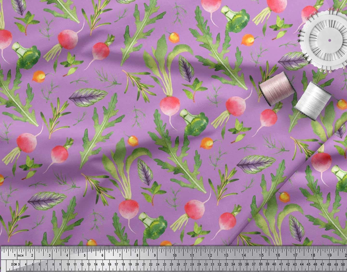 Soimoi Silk Purple Fabric - by The Yard - 42 Inch Wide - Leaves, Turnip & Broccoli Vegetable Harvest Material - Fresh and Nutrient-Rich Patterns for Kitchen Decor Printed Fabric
