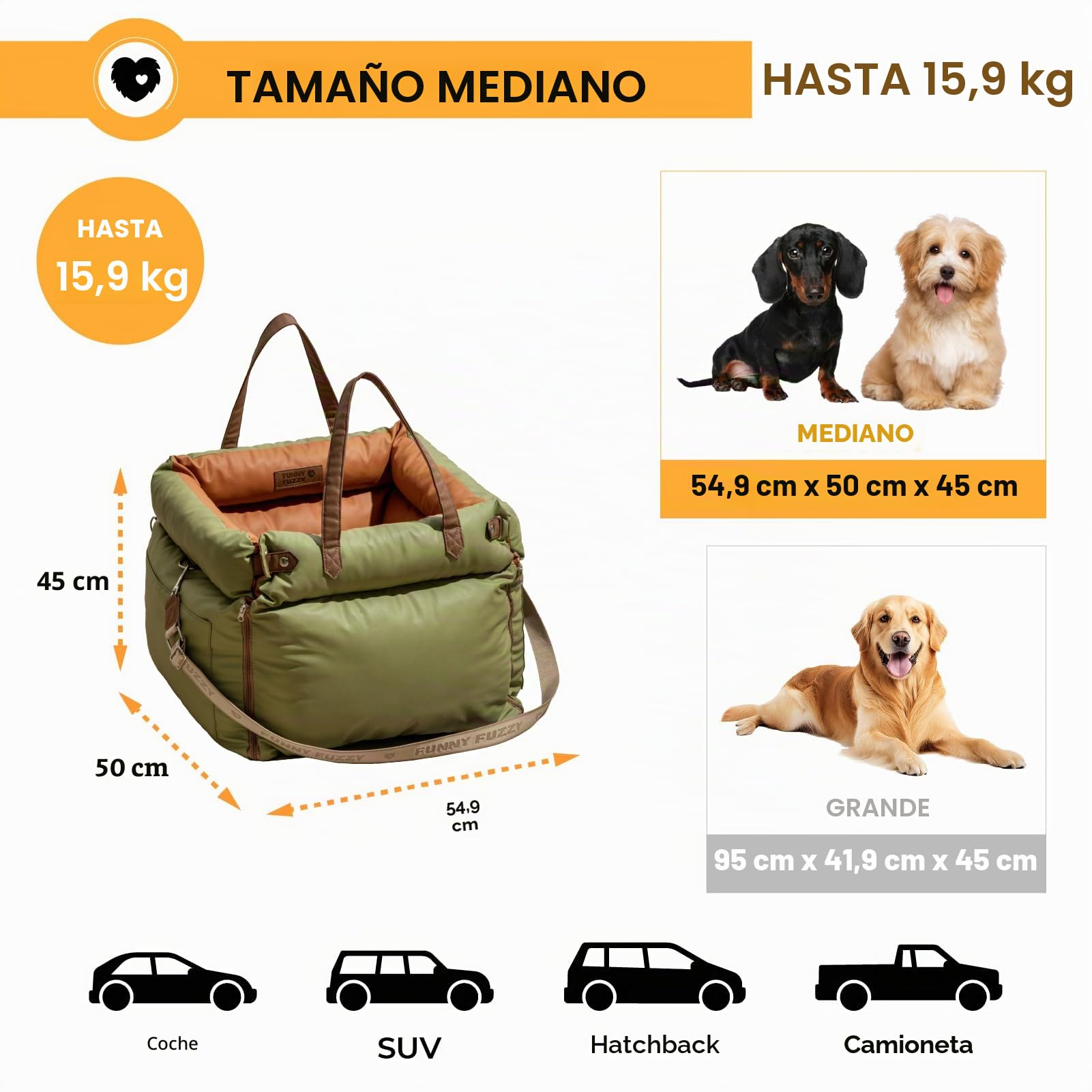 FUNNYFUZZY - Asiento de Coche para Perros de tamaño Mediano, Impermeable, 3 en 1, Cama de Cuero Suave para Viajes y hogar, portátil y Seguro, se Adapta a Mascotas de hasta 35 Libras (Verde)