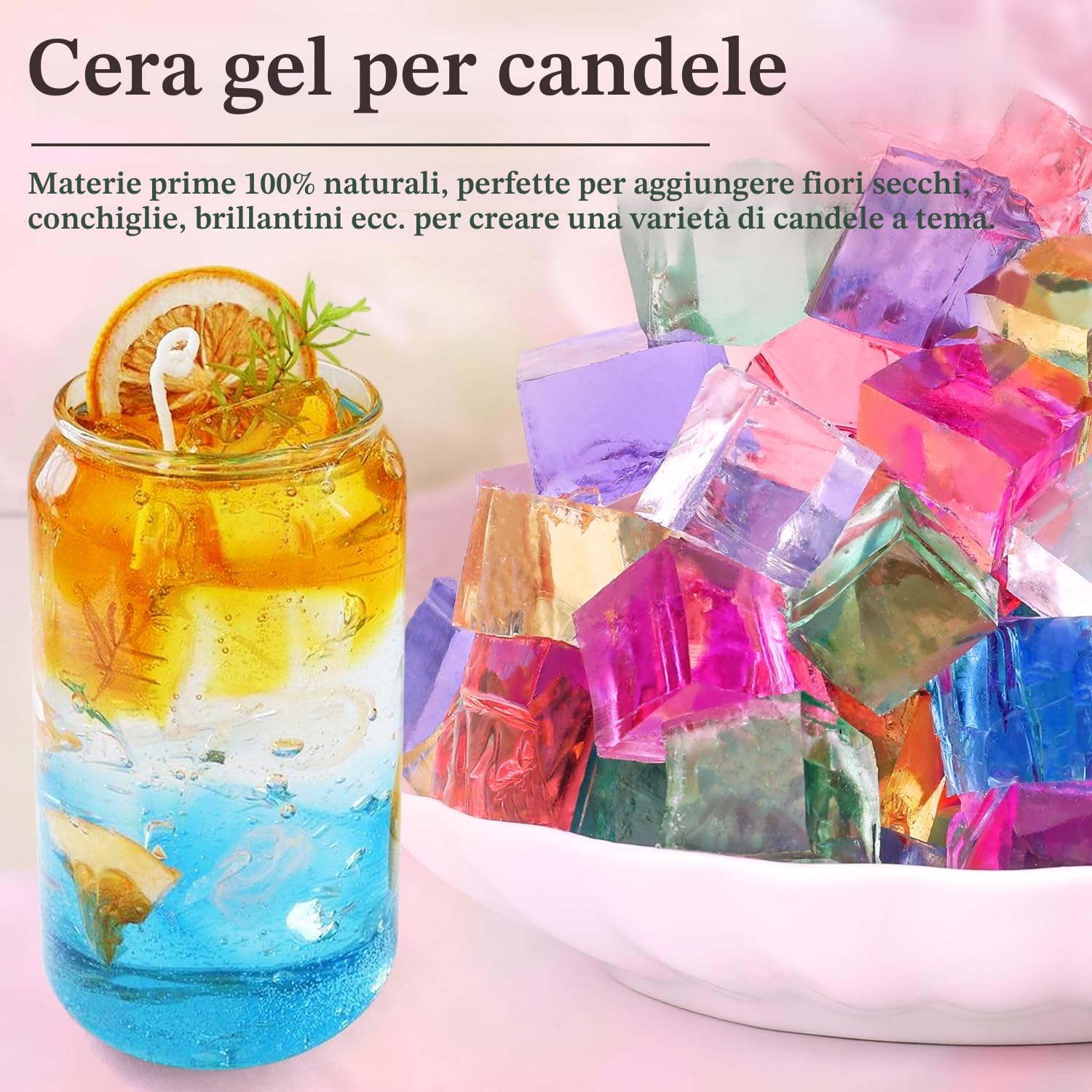 Blingfun Kit Completo per Candele in Gel - 9 Barattoli di Cera Gel -7 Colori con Stoppini, Adesivi, Supporti in Legno - Set DIY per Creare Candele Trasparenti Profumate - Ideale Regalo Creativo