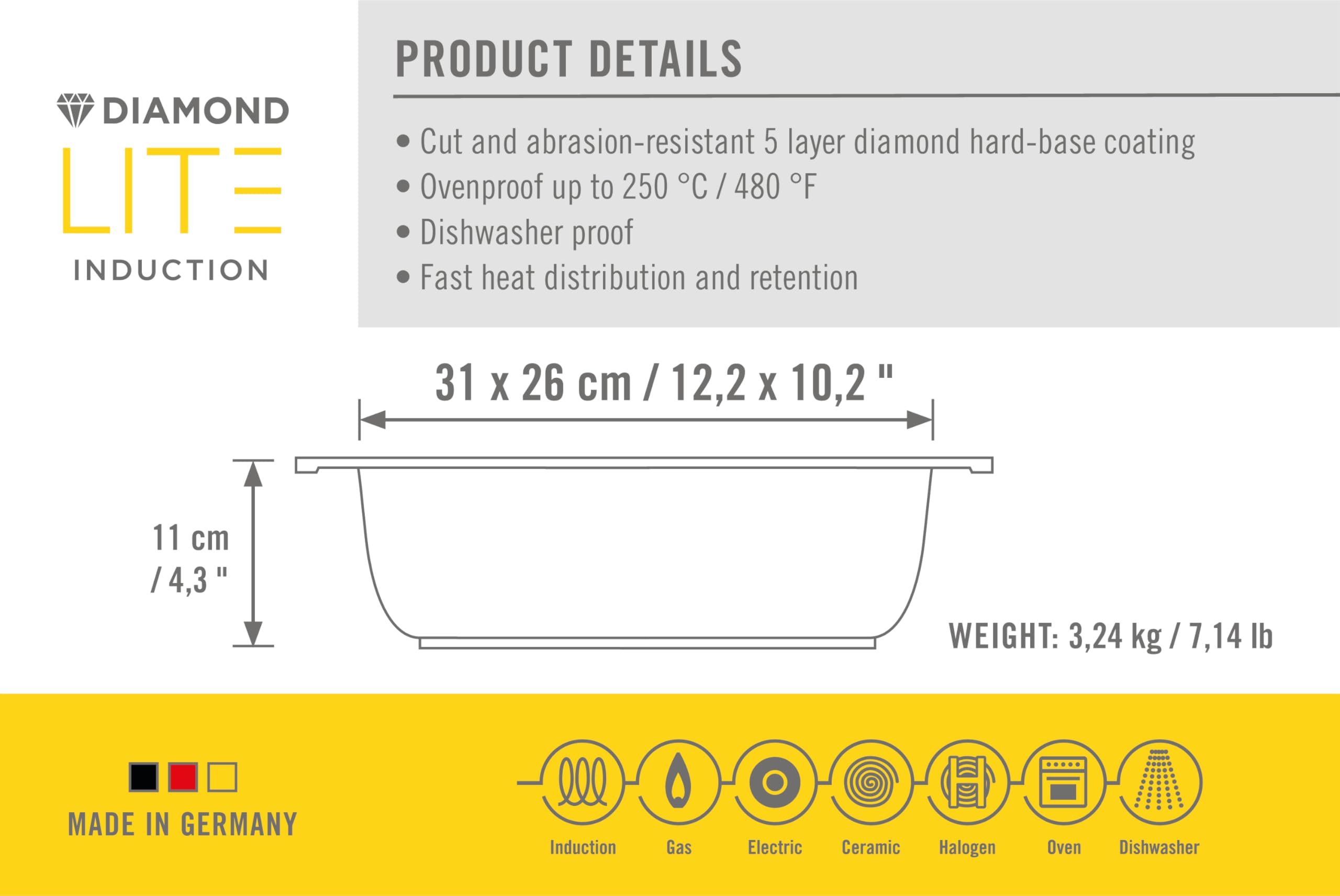 Woll 3126DPI Diamond Lite żeliwne indukcyjne naczynie do pieczenia ze szklaną pokrywką w pudełku na prezent 6 L 31 x 26 cm wysokości 11 cm