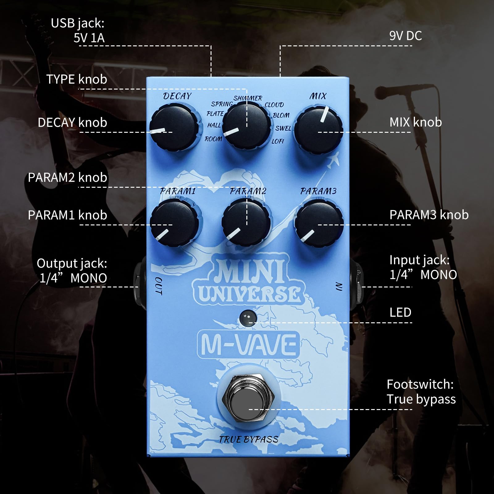 Nikou M-VAVE - Pedale effetto chitarra 9 tipi di Hall, effetto reverb caldo e autentico sonoro digitale modellazione reverb (blu)