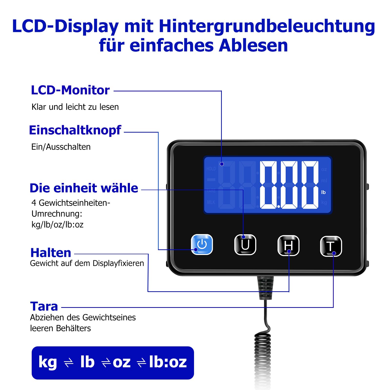 BRICH Balance à plateforme haute précision 200 kg/10 g avec fonction maintien/tare – Design robuste en acier inoxydable, écran LCD, 4 unités et montage mural – Balance numérique pour colis pour