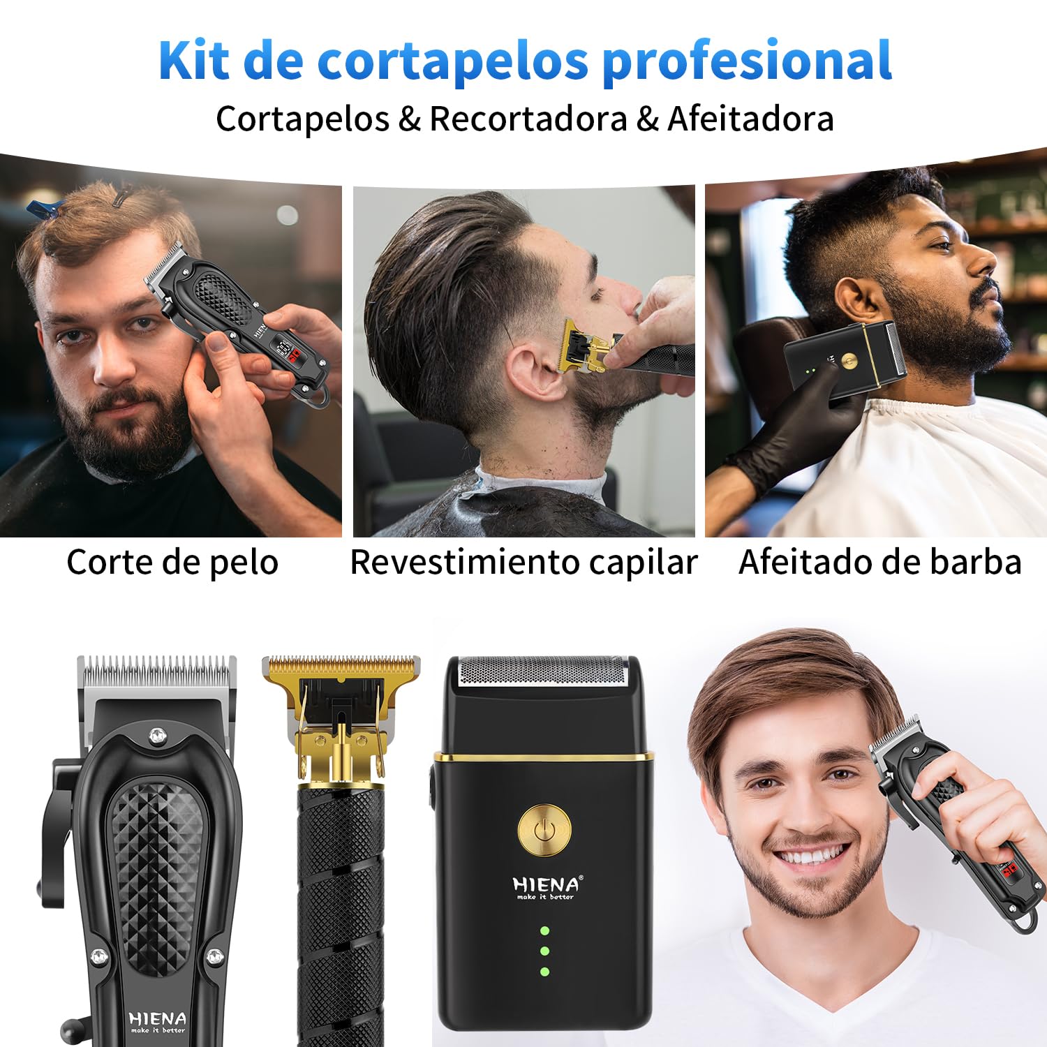 HIENA PRO Maquina de Cortar Pelo Inalámbrico Cortapelos Recortador de Barba Kit Completo 3 Piezas