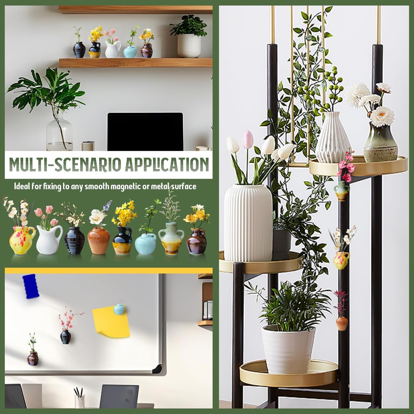 Set 5 Magneti Da Frigorifero In Ceramica A Forma Di Vaso Di Fiori - Mini Piante 3D Per Decorazione Cucina - 2